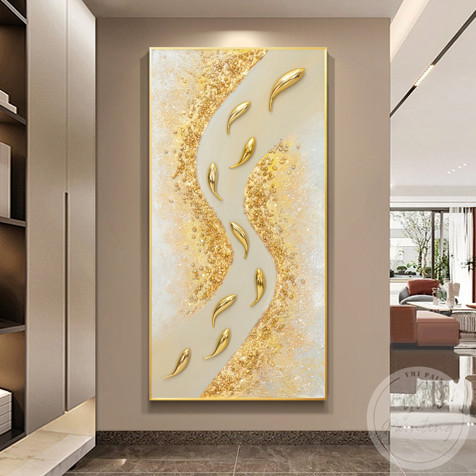 Original gold fish painting luxury wall decor for living room