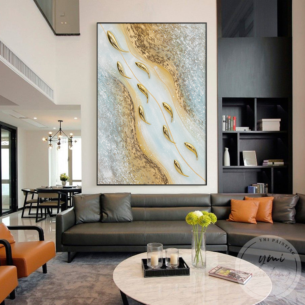 Large sculptural gold fish canvas with 3D texture