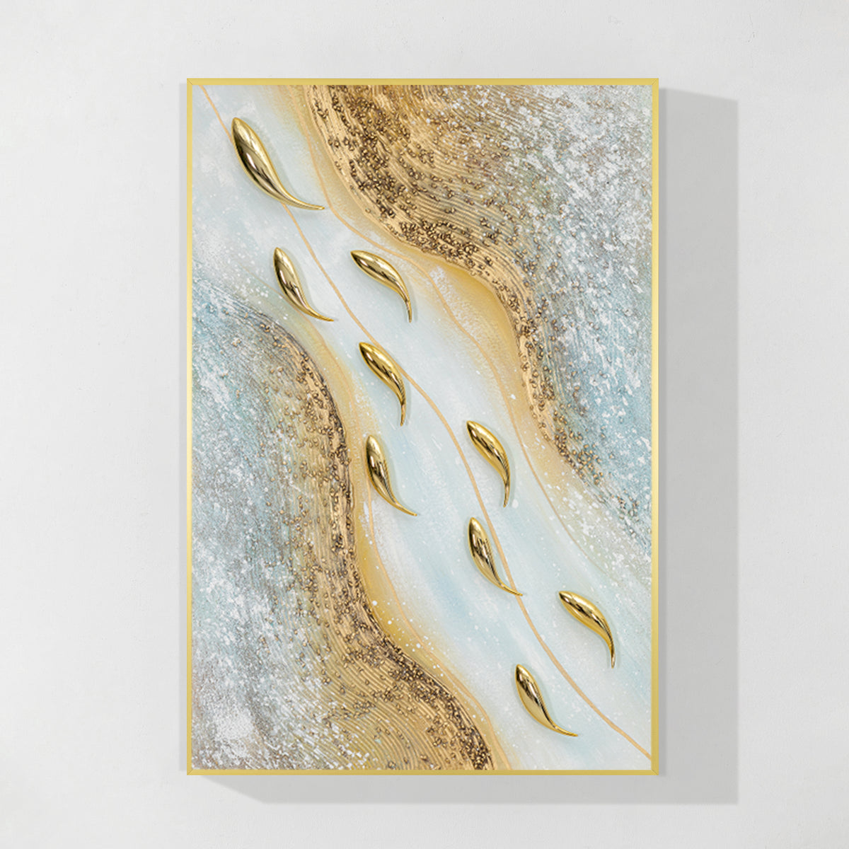 Gold fish 3D textured painting luxury vertical ocean wall art