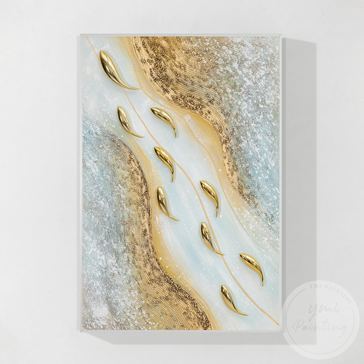 Abstract gold fish painting with metallic gold accents