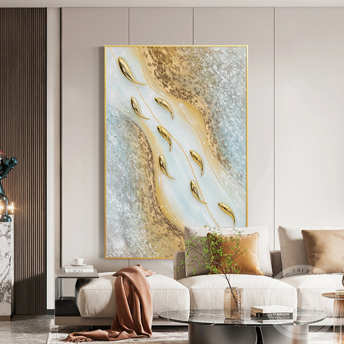 Vertical gold fish artwork for living room wall decor