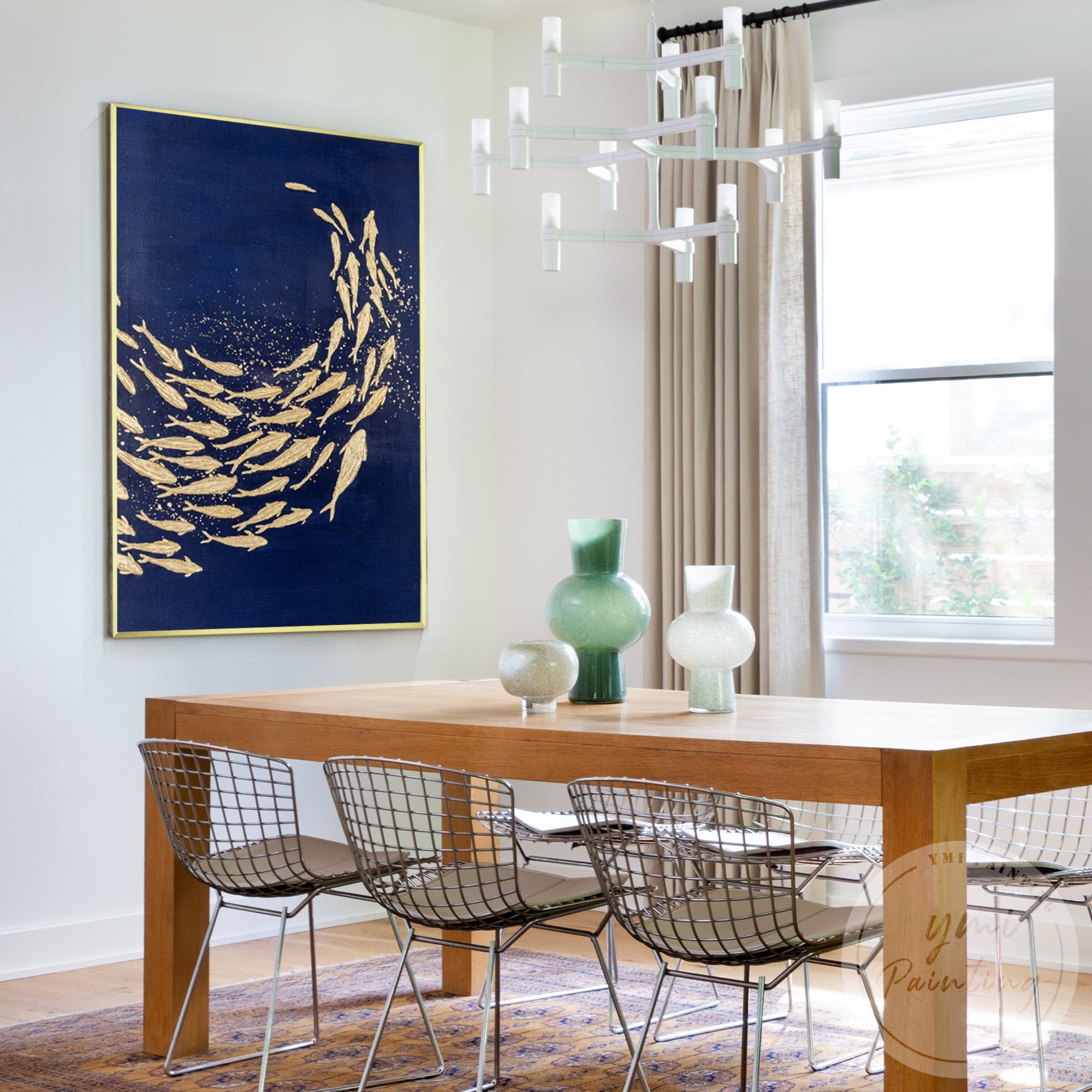 Large school of fish painting with gold foil accents