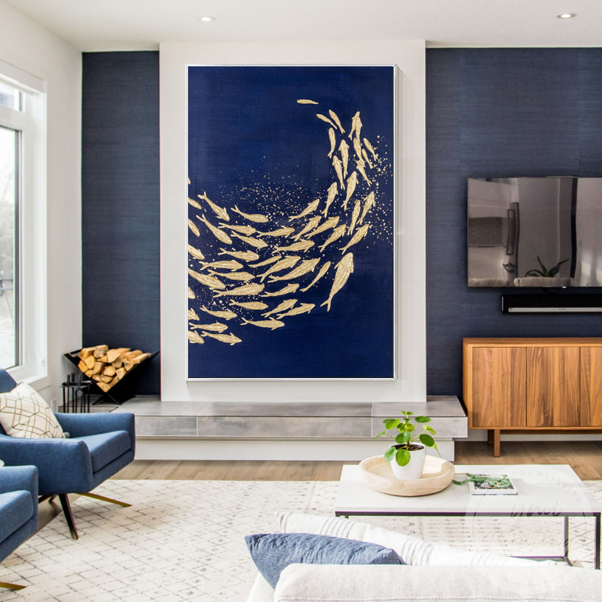 Dark blue textured fish artwork for modern living room decor