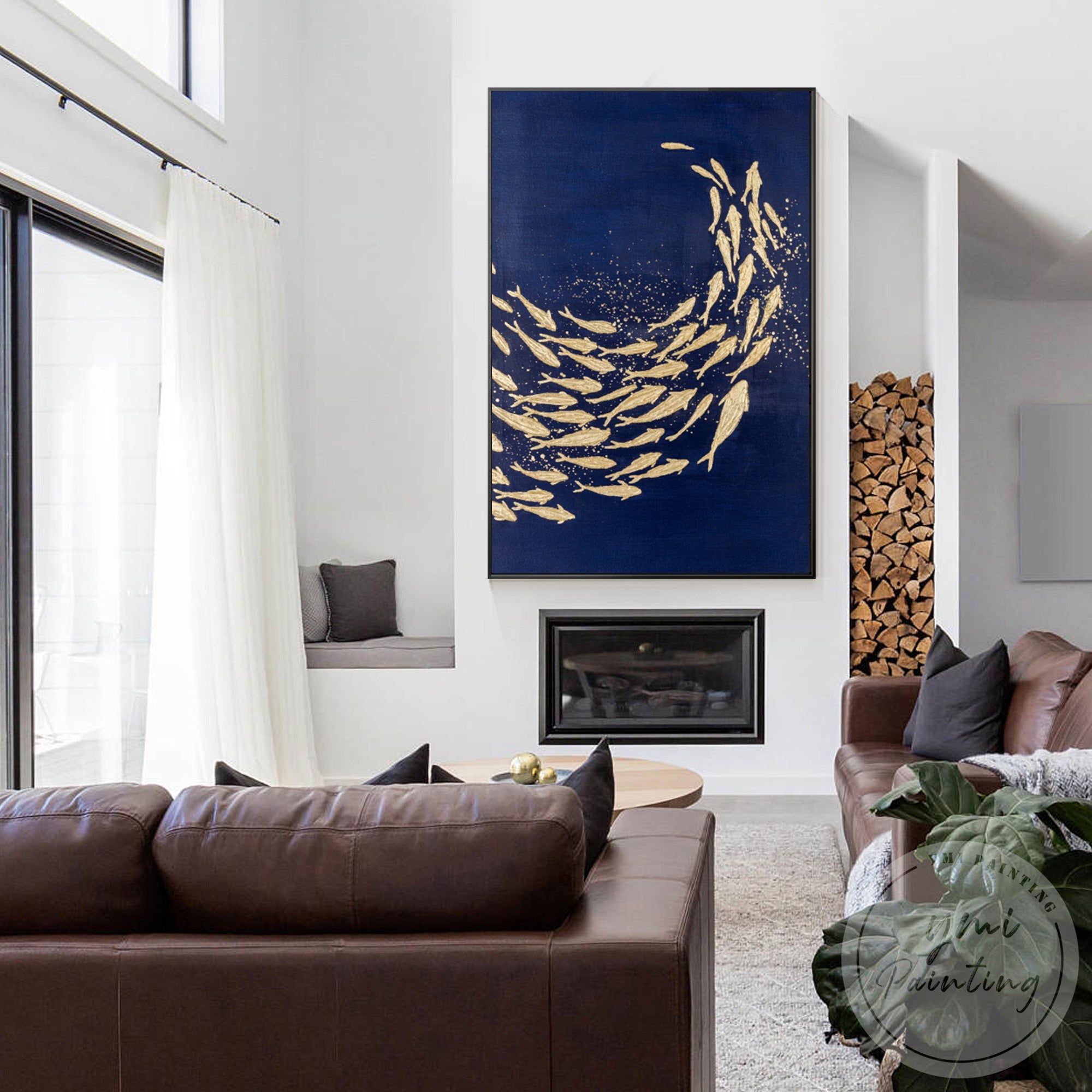 3D gold foil fish canvas wall art contemporary interior