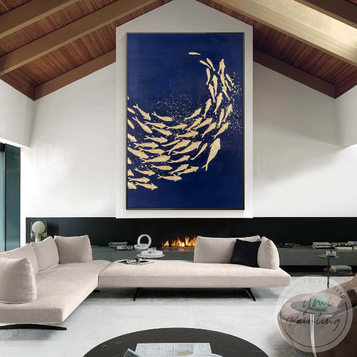 Framed abstract ocean painting with gold fish design