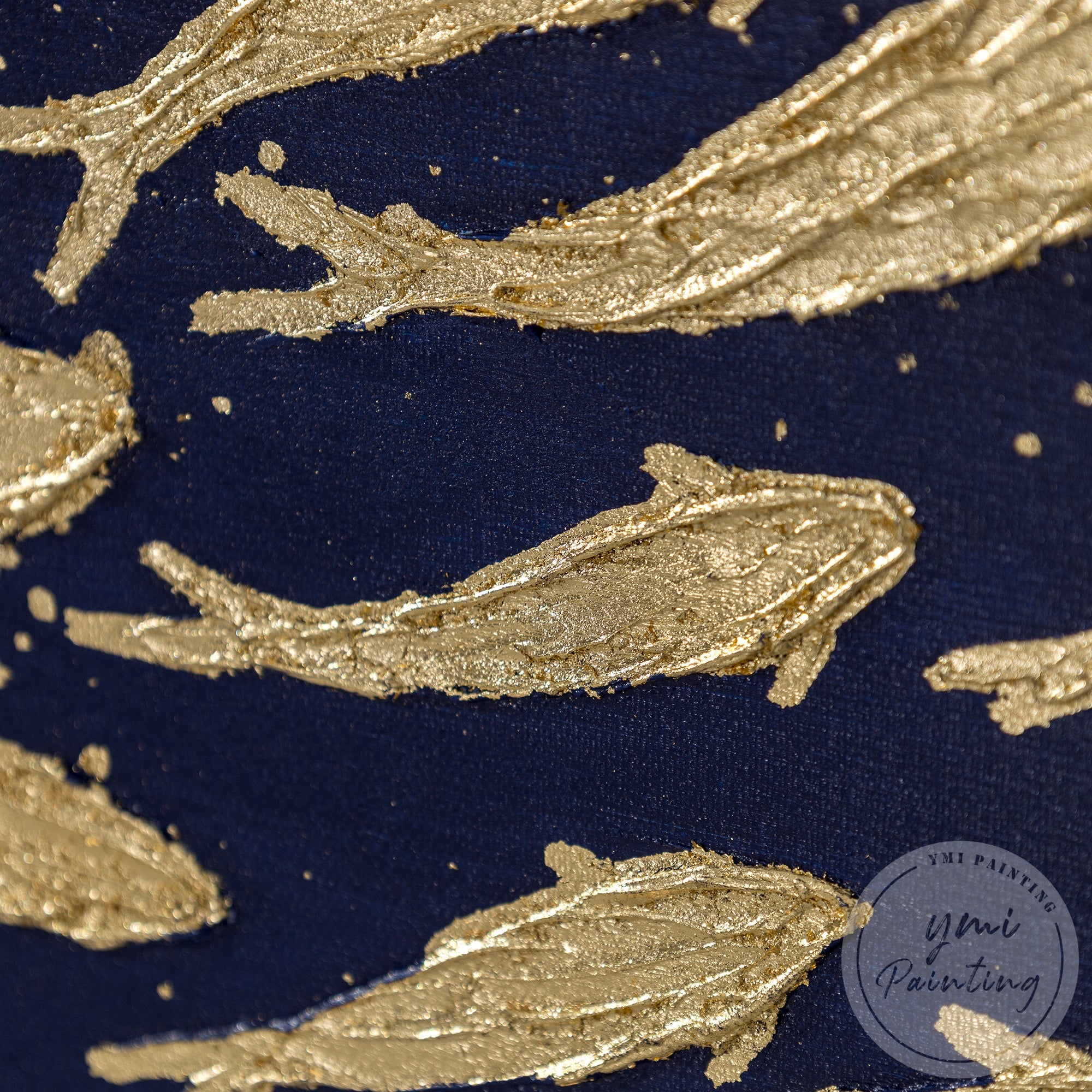 Abstract school of fish wall art dark blue and gold artwork