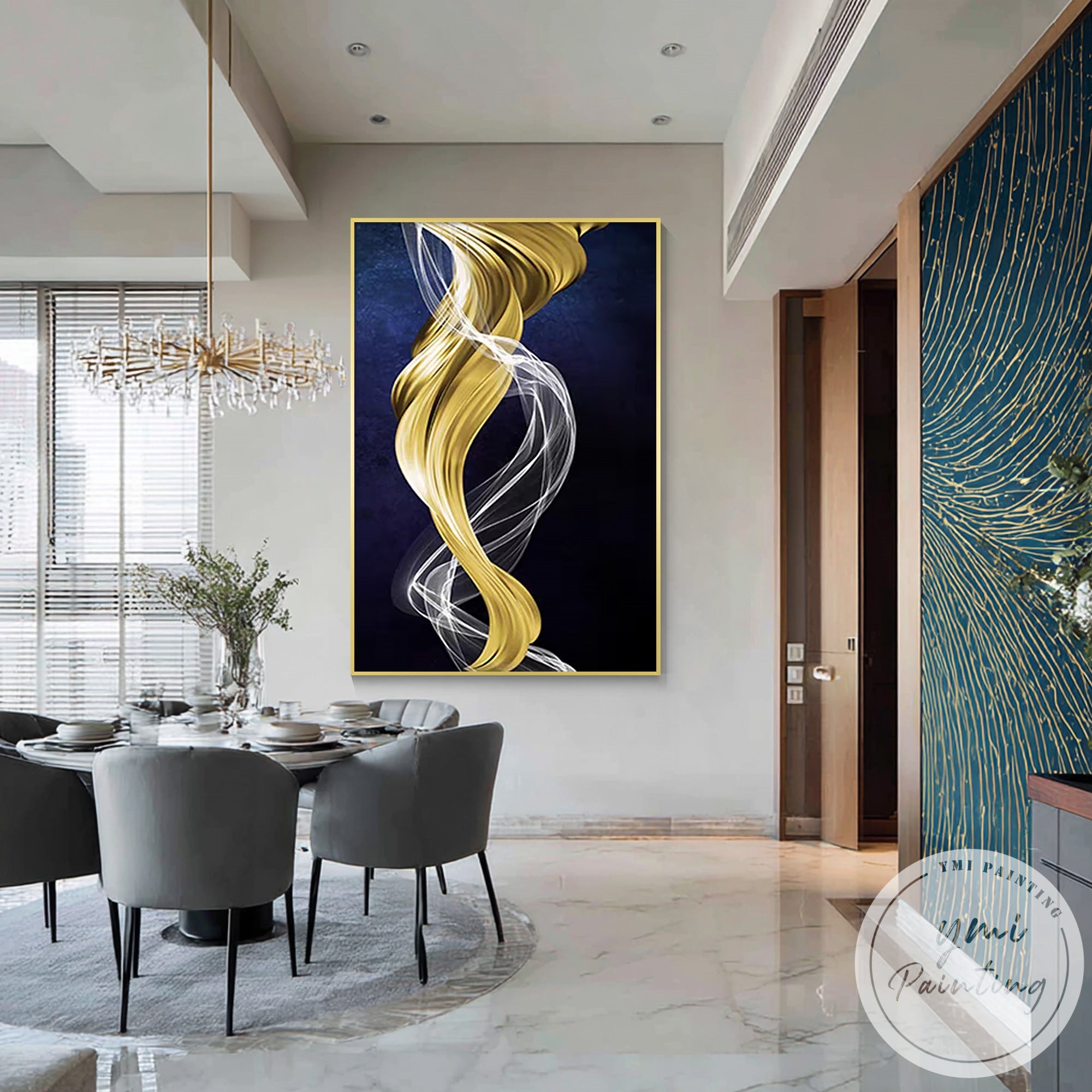 Elegant living room wall art in navy blue and gold contemporary style