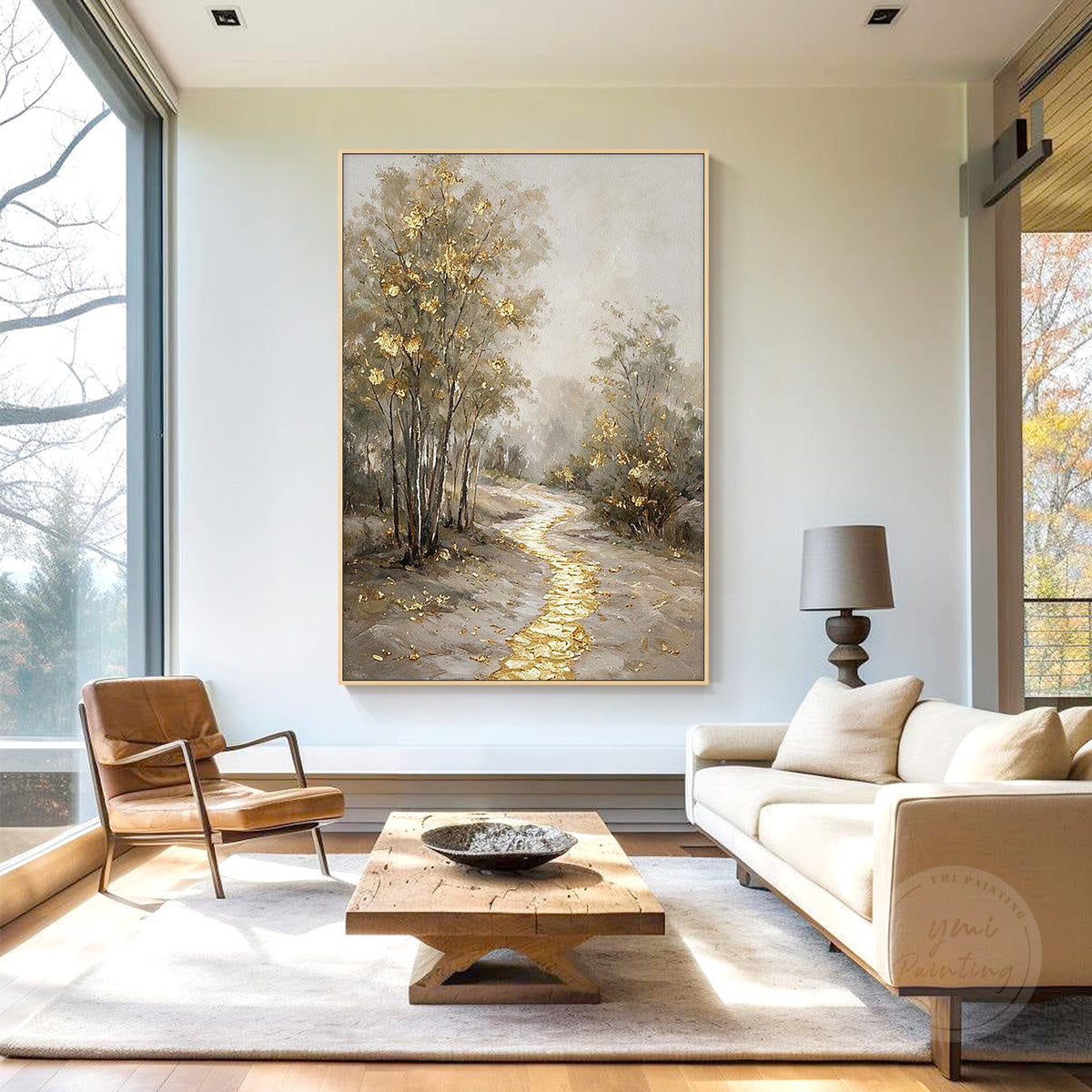 Golden forest path landscape wall art, front view