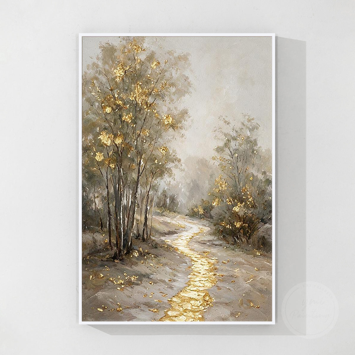 Golden forest path wall art, modern interior