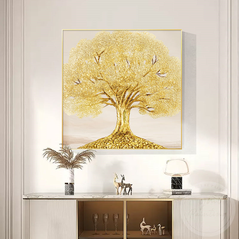 Square golden tree of life painting with exquisite craftsmanship, ideal for luxury home decor.