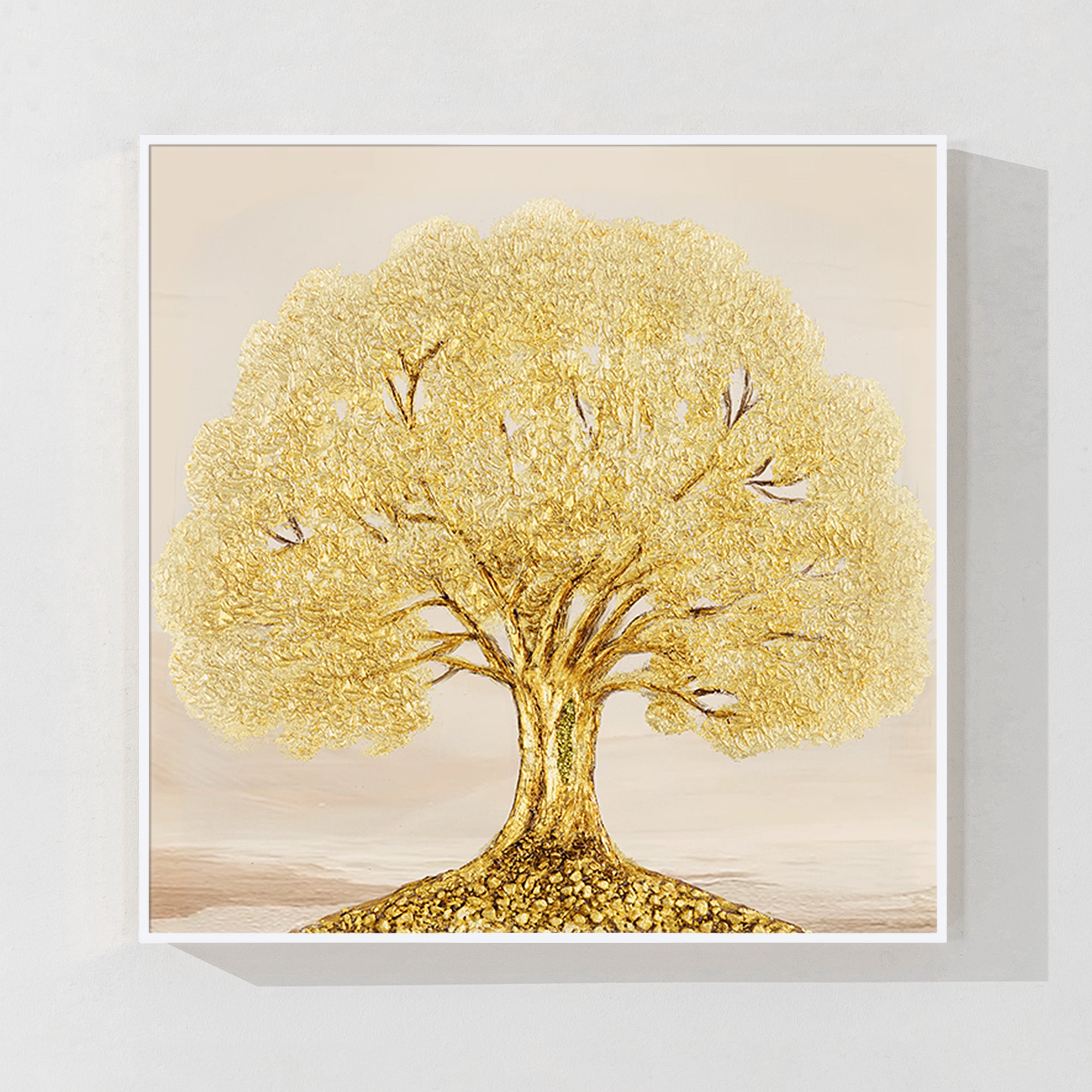 Hand-painted golden life tree wall art with a white frame, featuring a minimalist design and refined details in golden leaf.