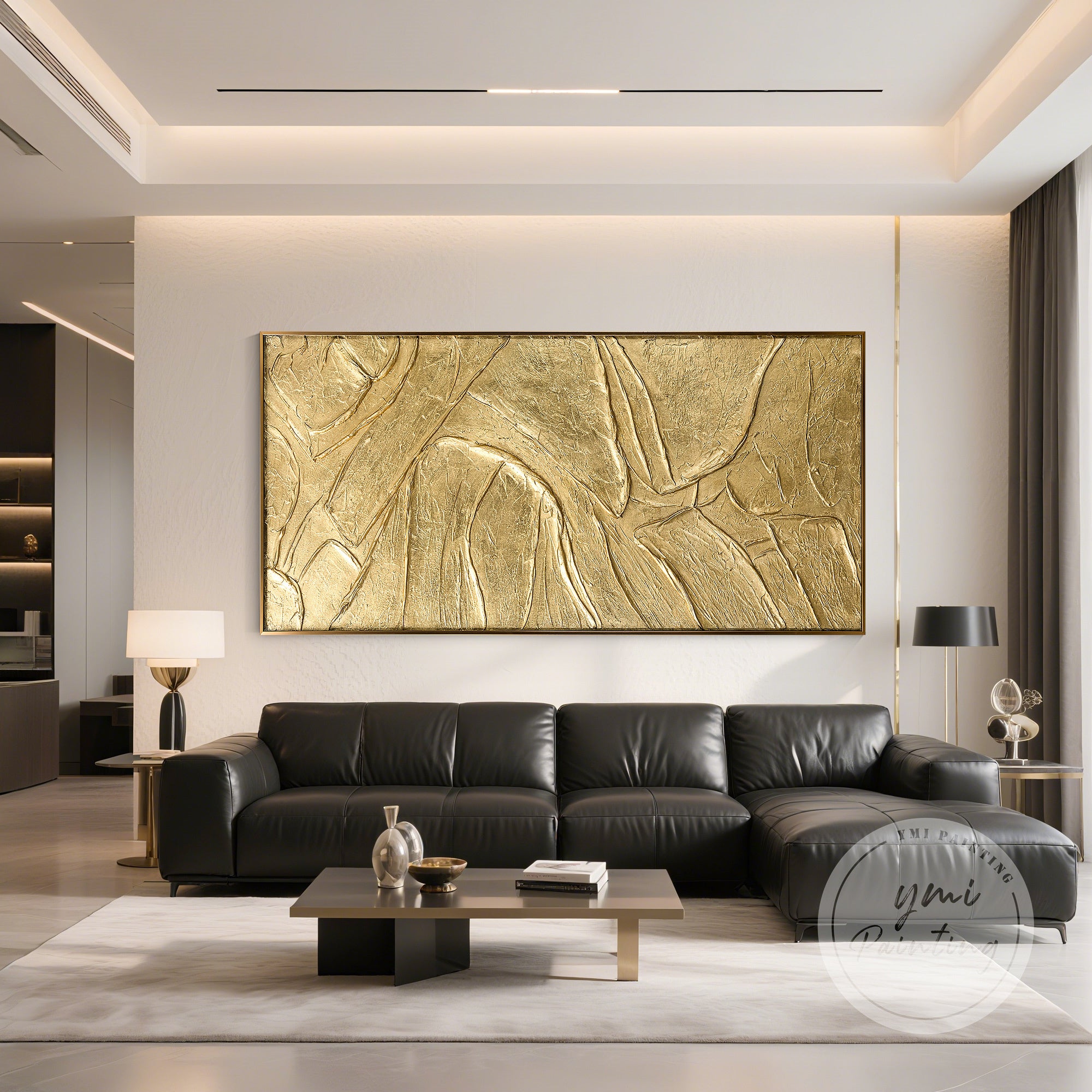 Elegant golden abstract painting textured foil artwork