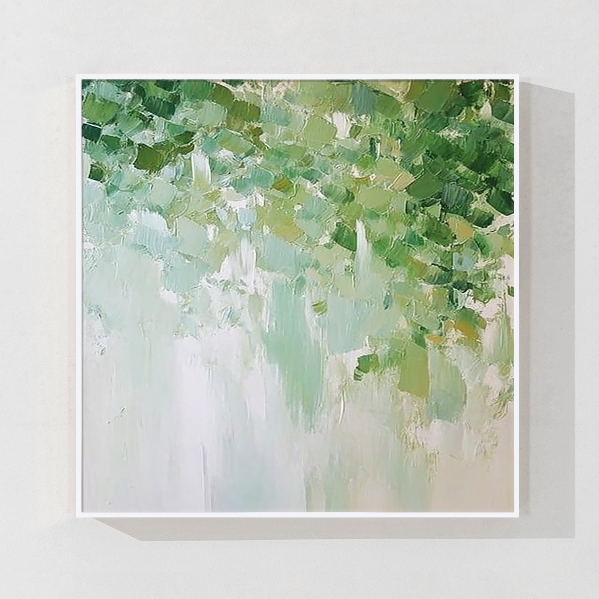 pintura abstrata verde em tela texturizada numa sala de estar moderna