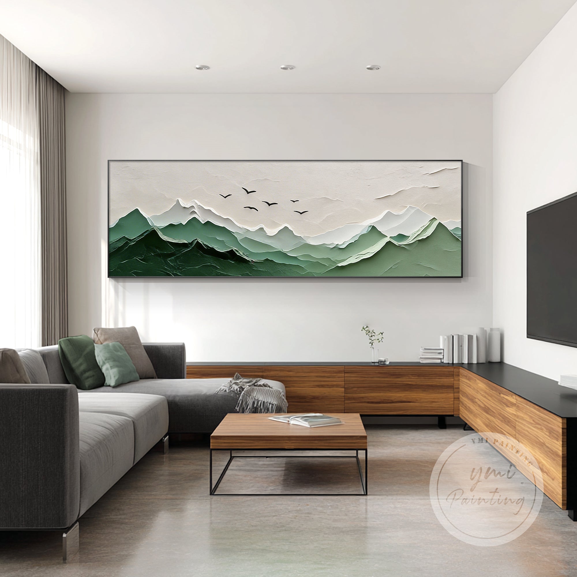 arte de parede de montanha com pássaros exibida no interior da sala de jantar