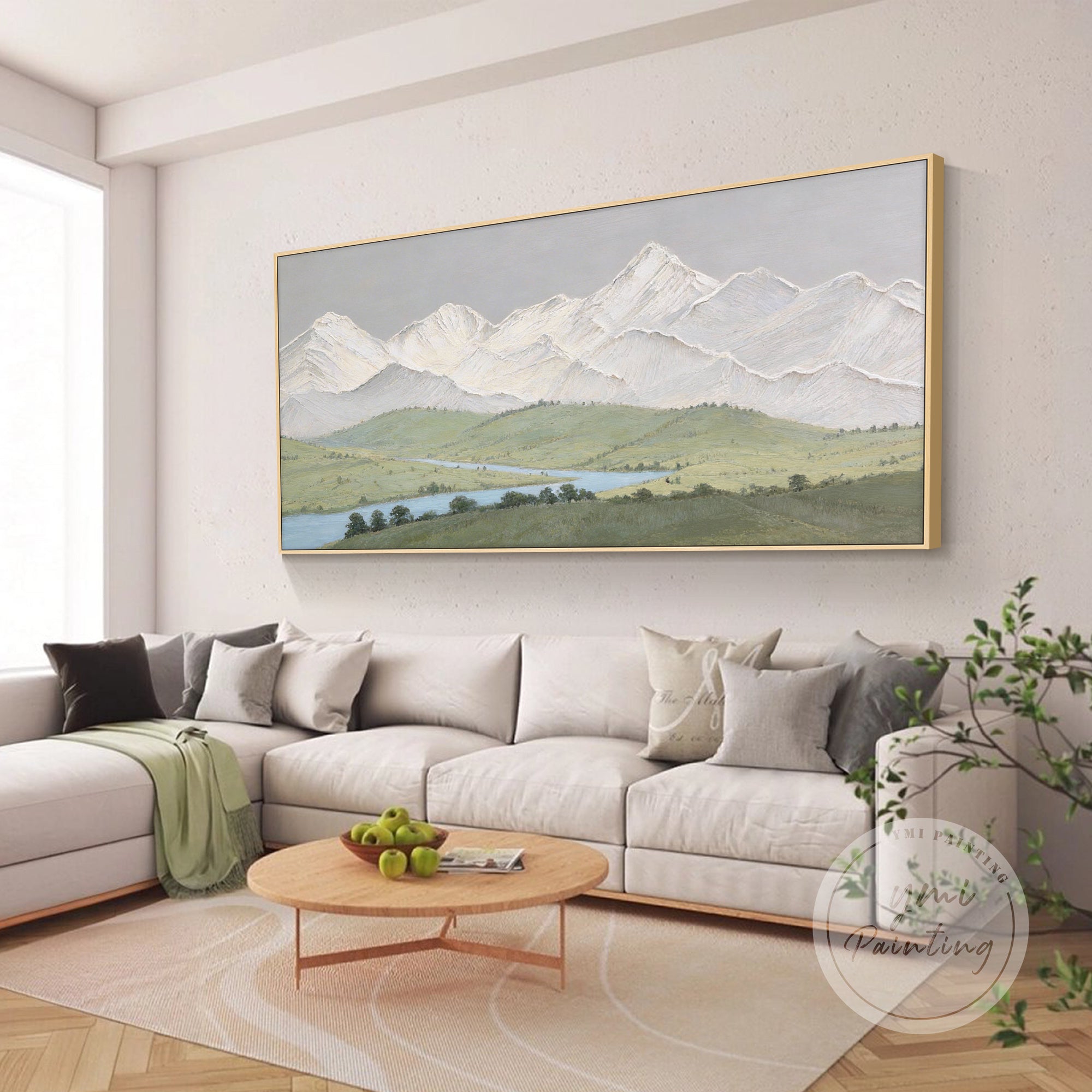 river valley landscape artwork displayed in dining room setting