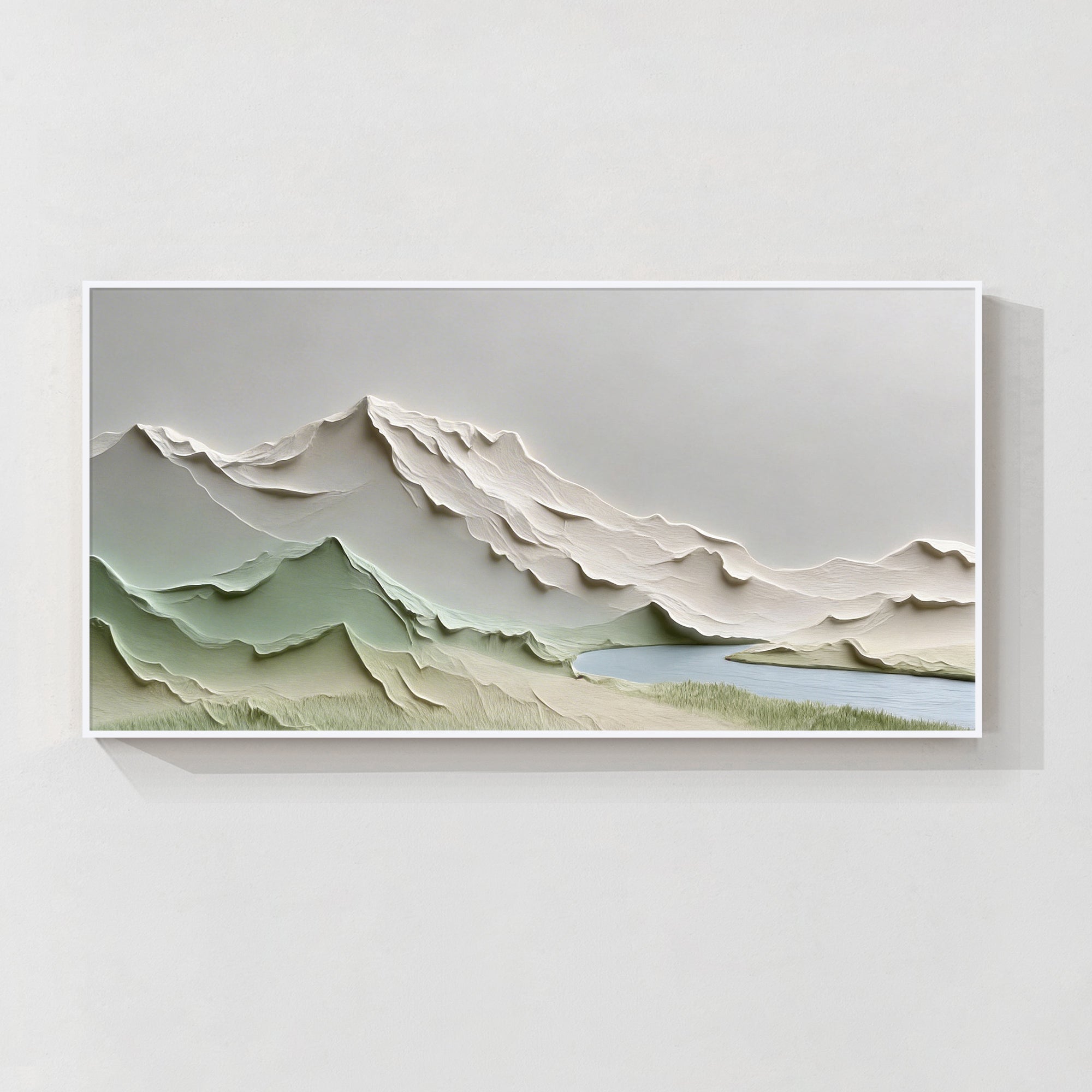 arte de parede minimalista de montanha verde acima do sofá moderno da sala de estar