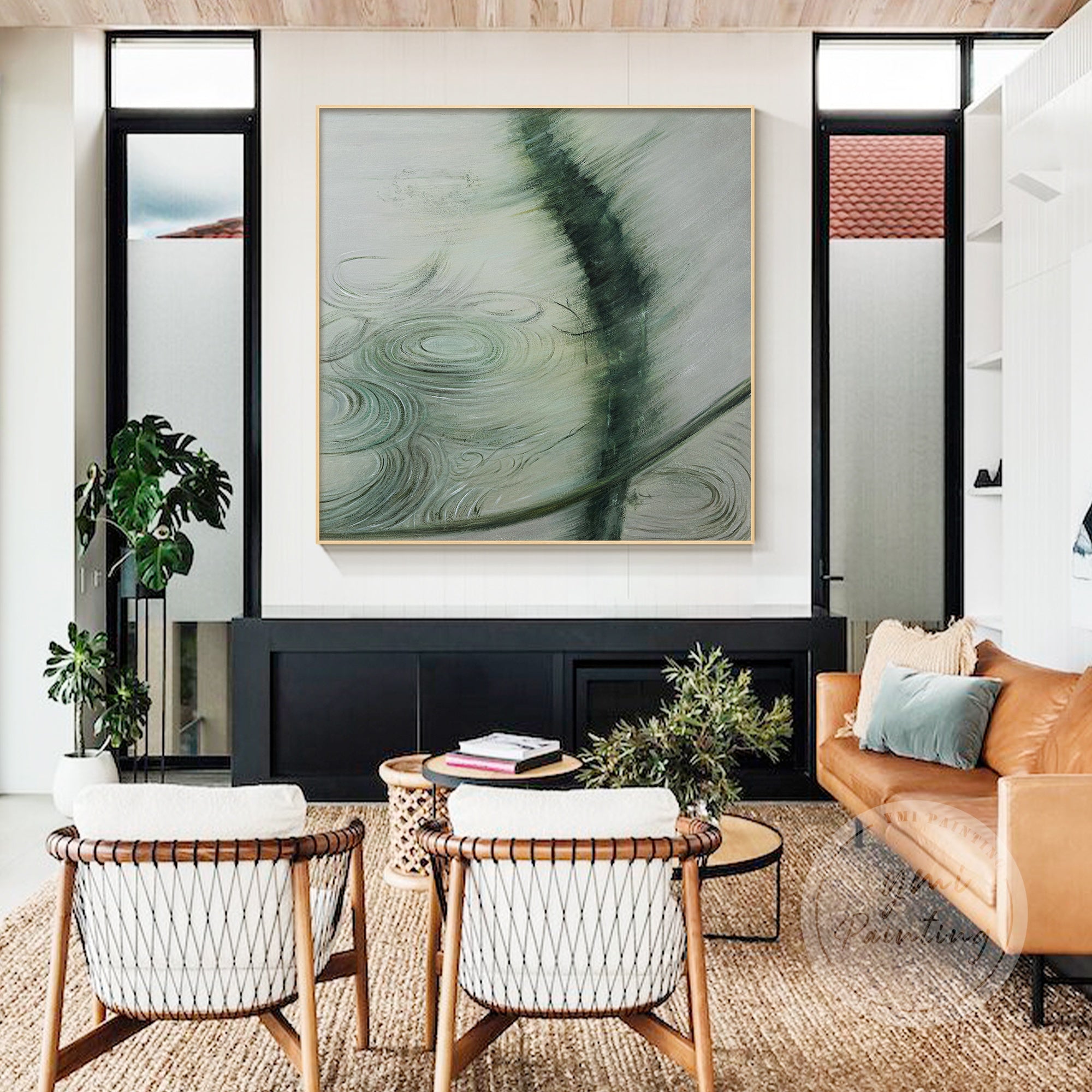 Minimalist abstract painting with subtle reflections of water and organic brushstrokes in soft tones