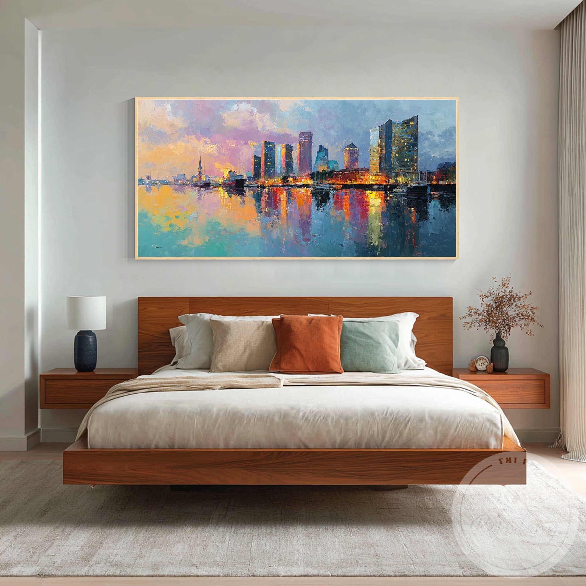 Evening reflection skyline artwork Hamburg harbor canvas art