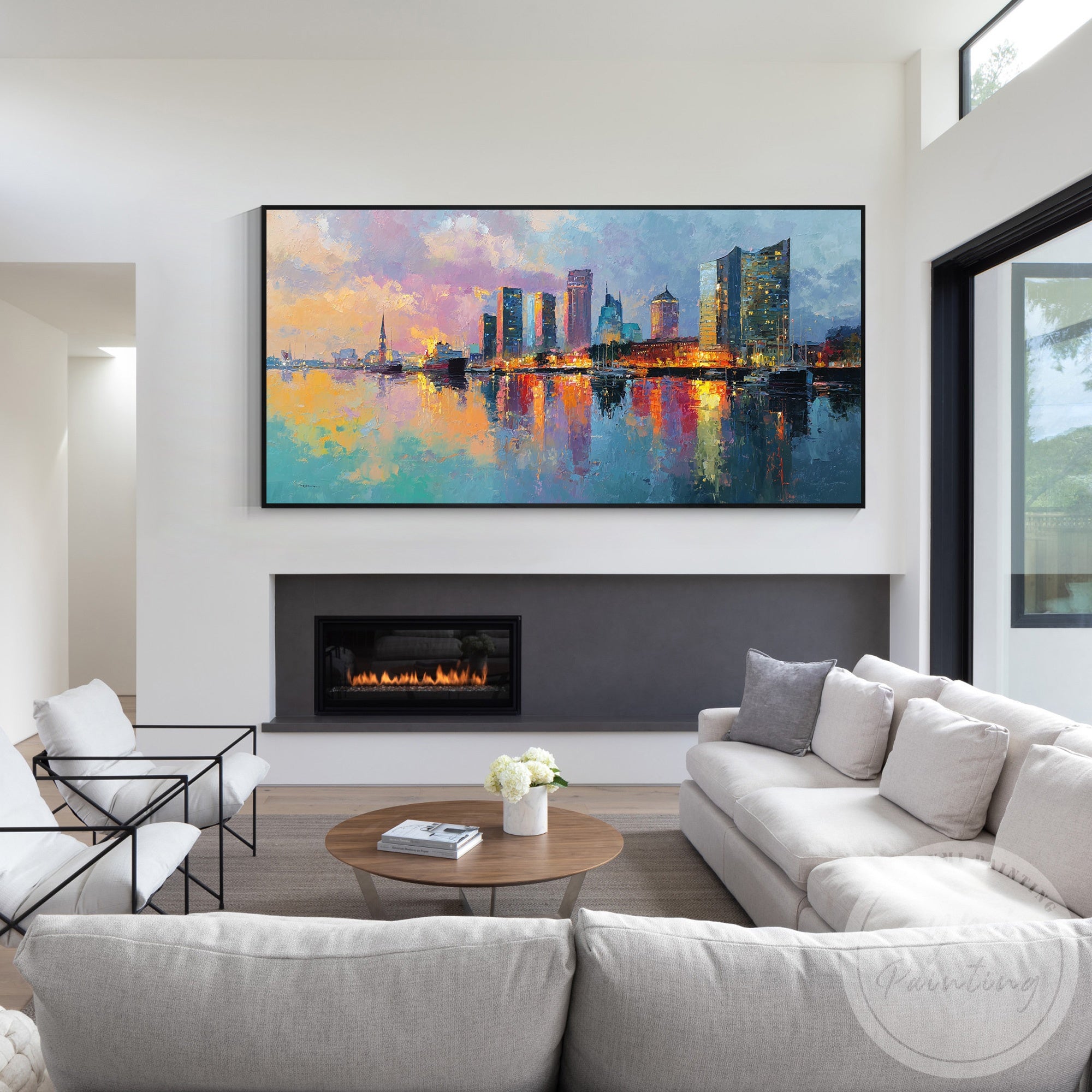 Colorful harbor cityscape painting Hamburg Germany canvas art