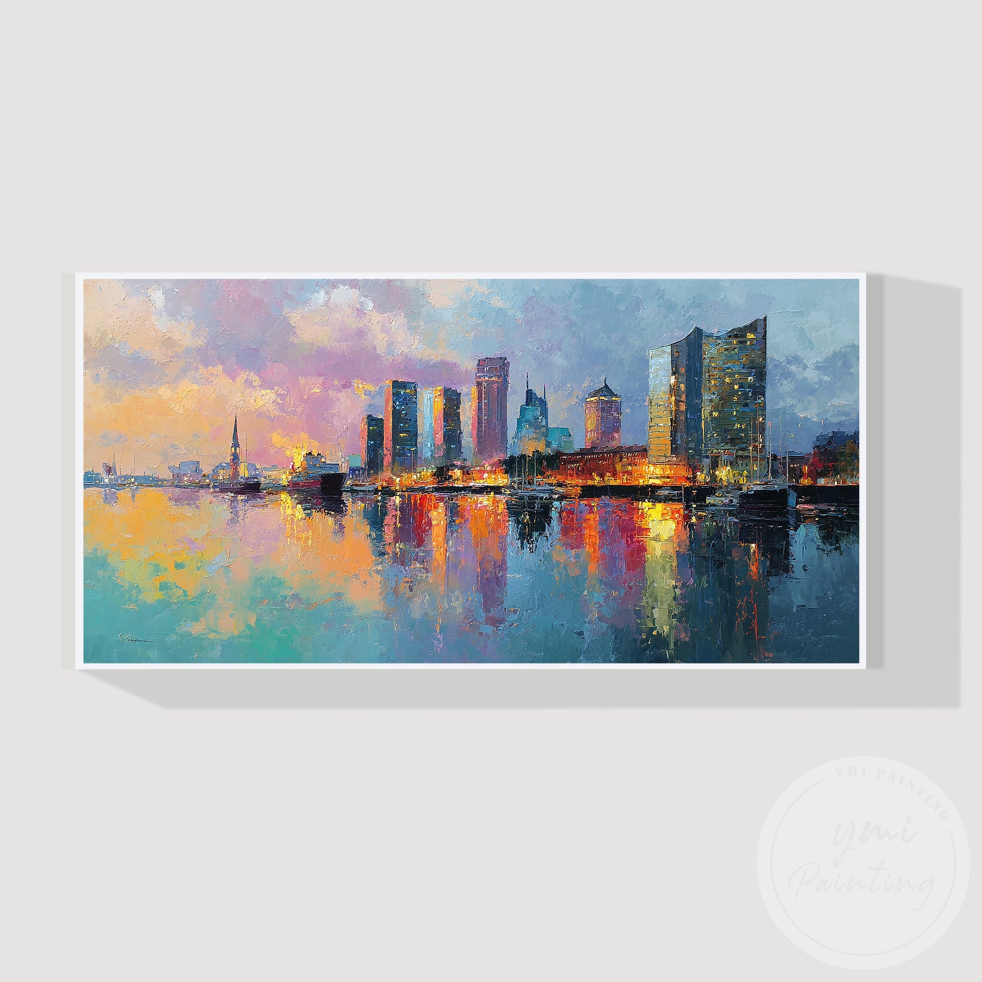 Modern waterfront cityscape canvas art Hamburg skyline design