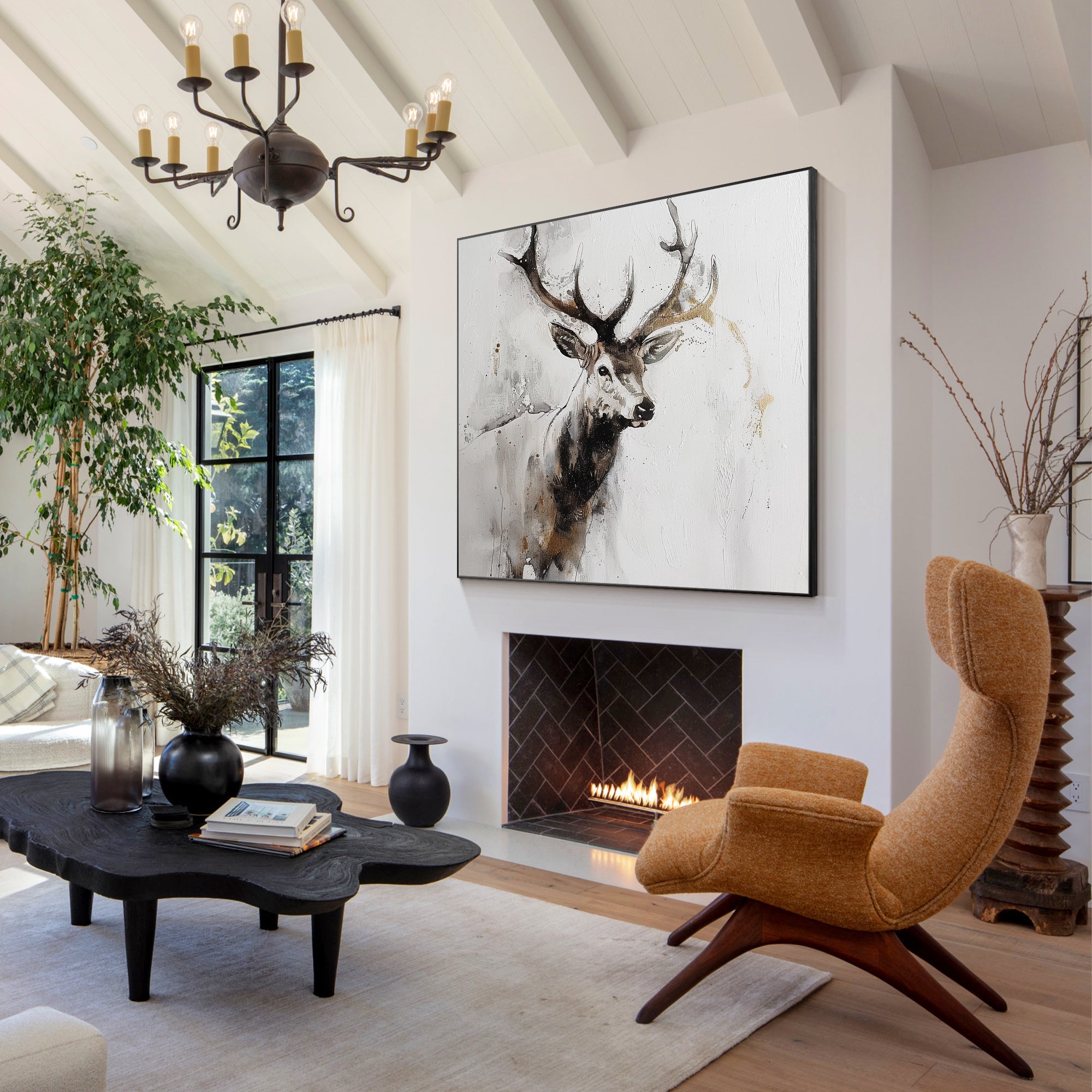 Hand-painted deer with a fluid abstract background in neutral tones, emphasizing natural elegance.
