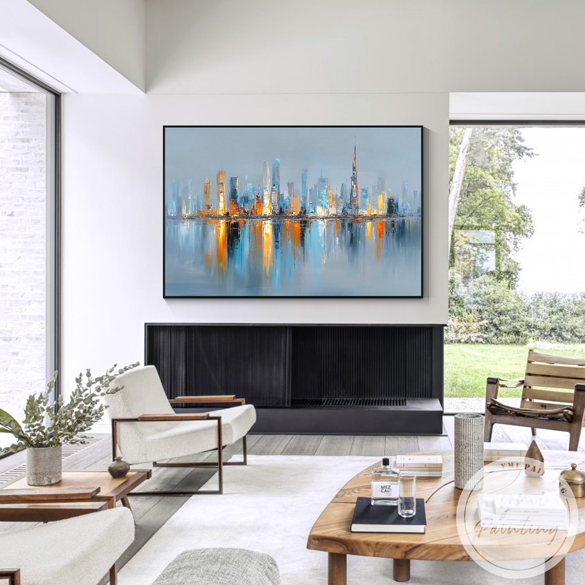 Large hand painted urban skyline artwork for office wall decor