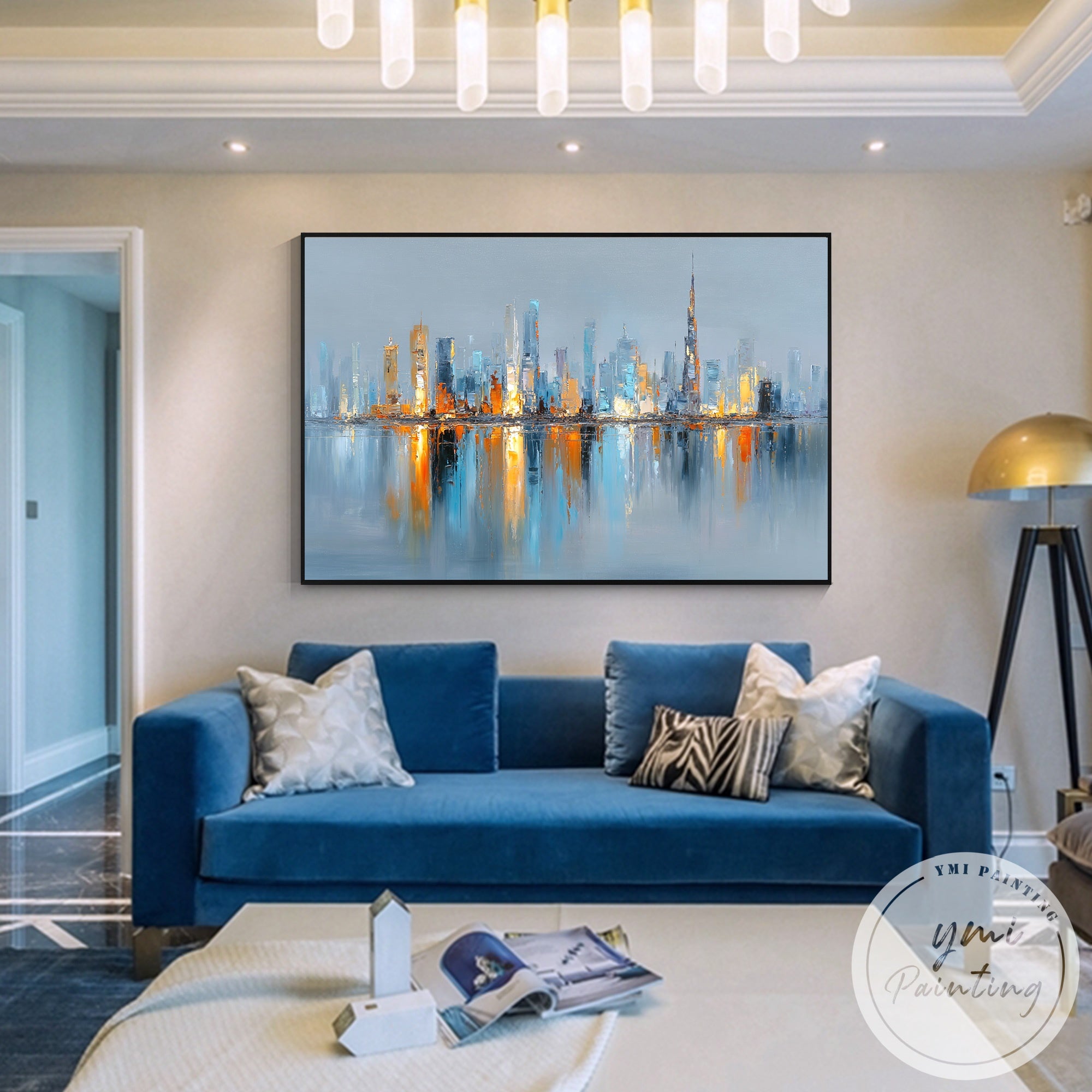 Luxury Dubai cityscape canvas art in gold and blue tones