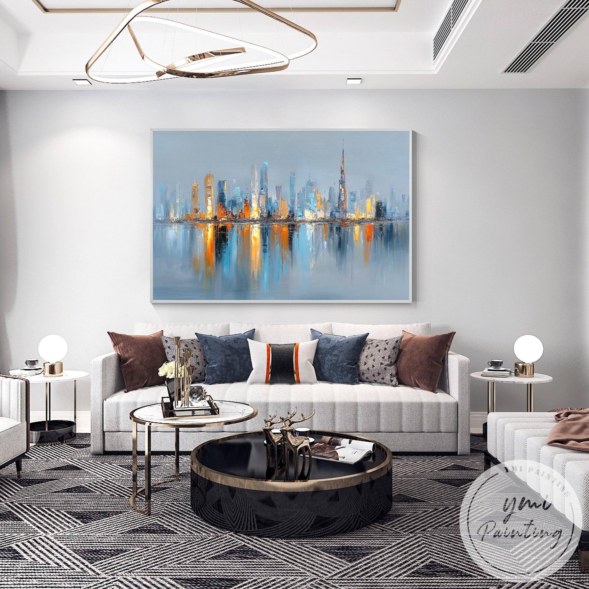 Modern abstract skyline painting horizontal Dubai wall art