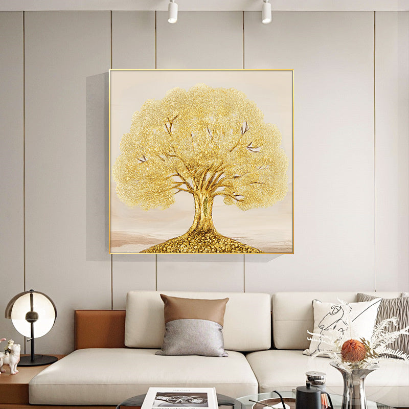 Luxurious golden tree of life painting showcasing high-quality craftsmanship and golden leaf accents.