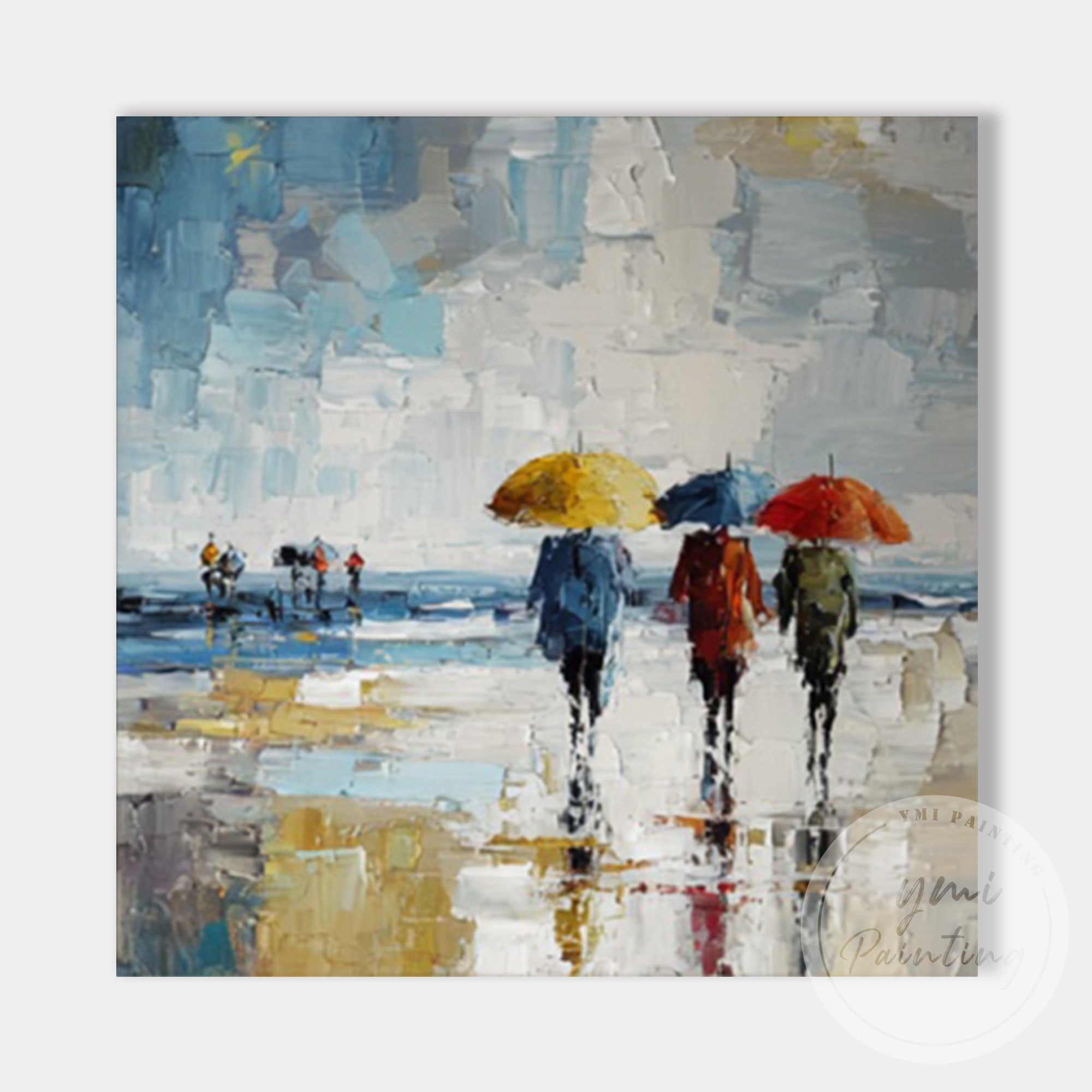 Contemporary abstract cityscape with umbrellas and rain effect