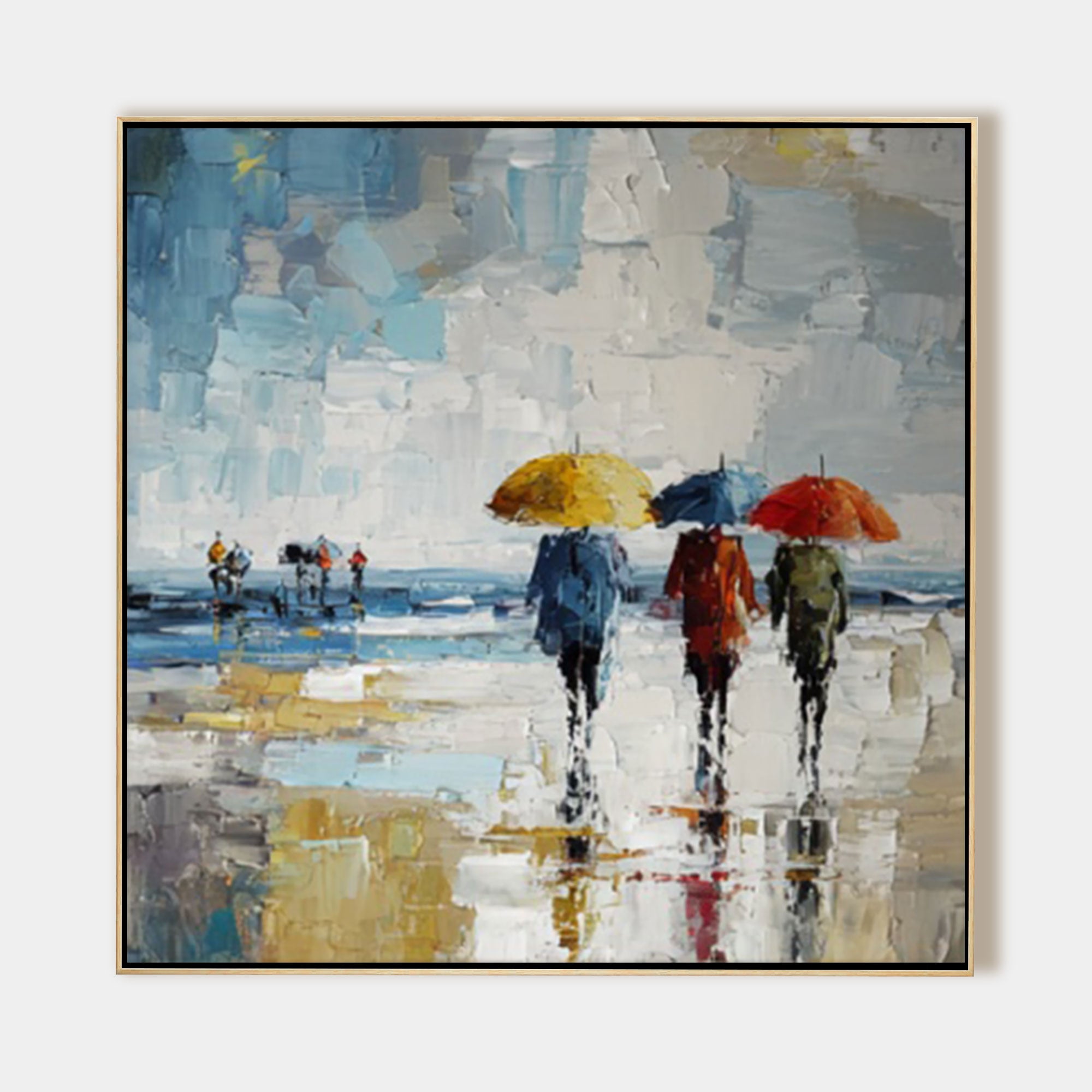 Hand painted rainy city street with umbrellas abstract artwork