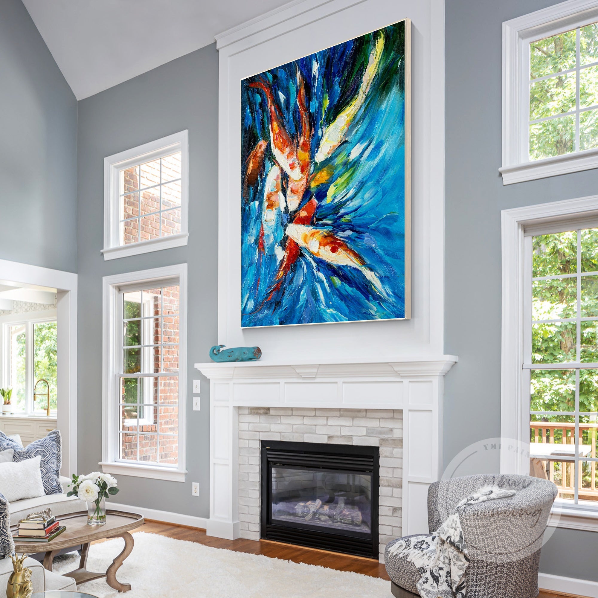 Abstract koi fish artwork with bold brushstrokes, a textured finish, and deep blue tones.