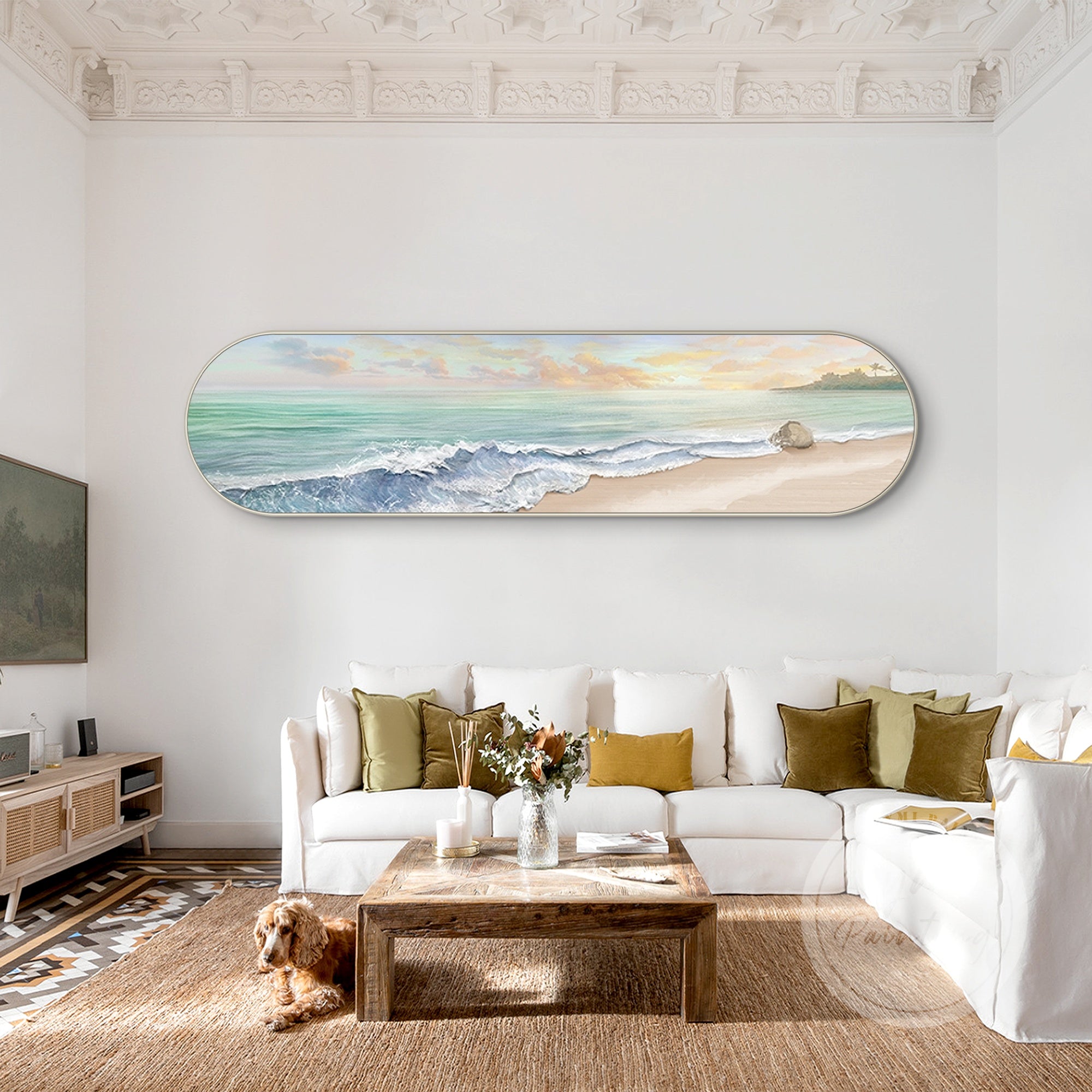 Pastel-colored beach painting with golden sunlight and soft pink hues decor a delicate dinning room.