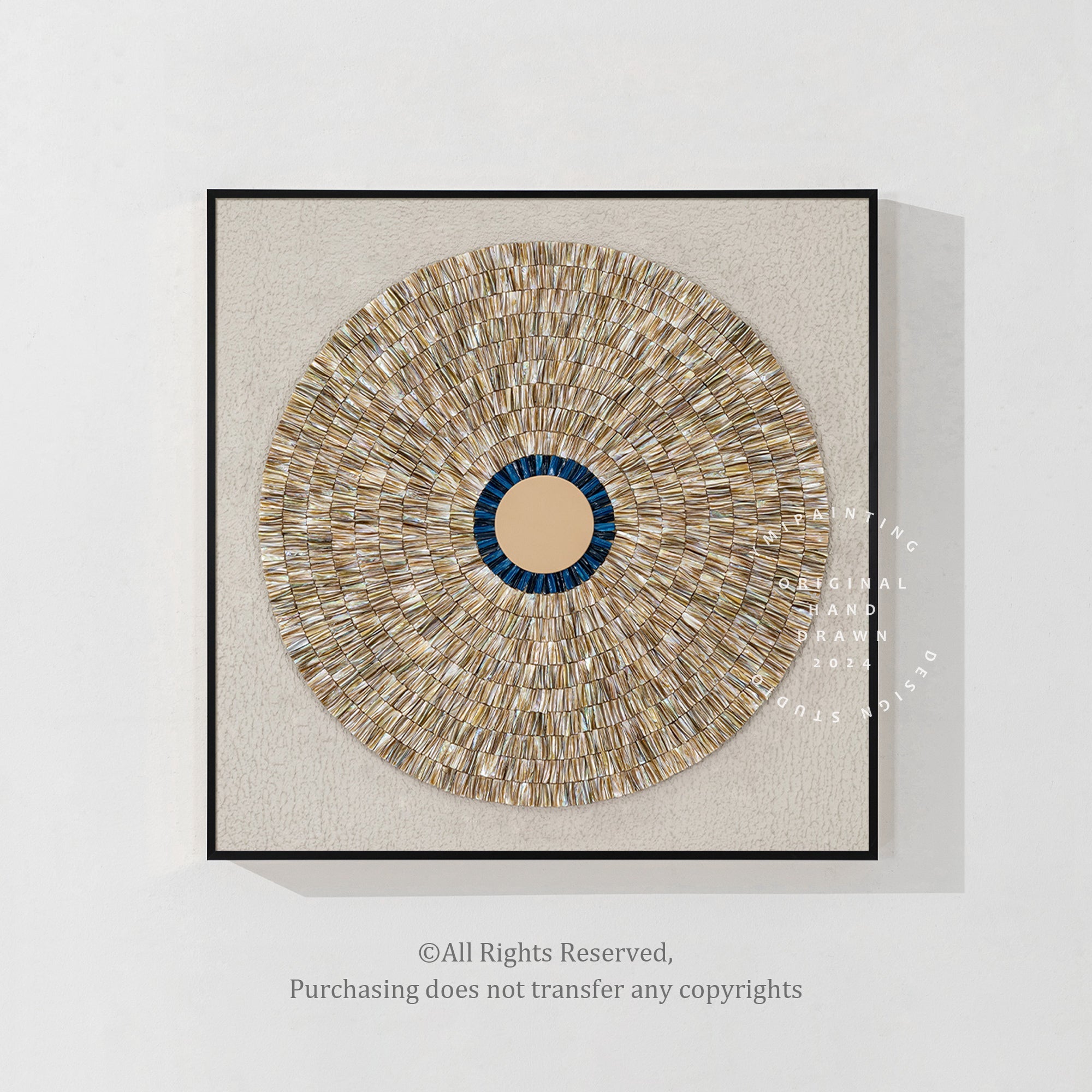 Handcrafted wall art with oyster shells, offering balanced symmetry and calming colors.