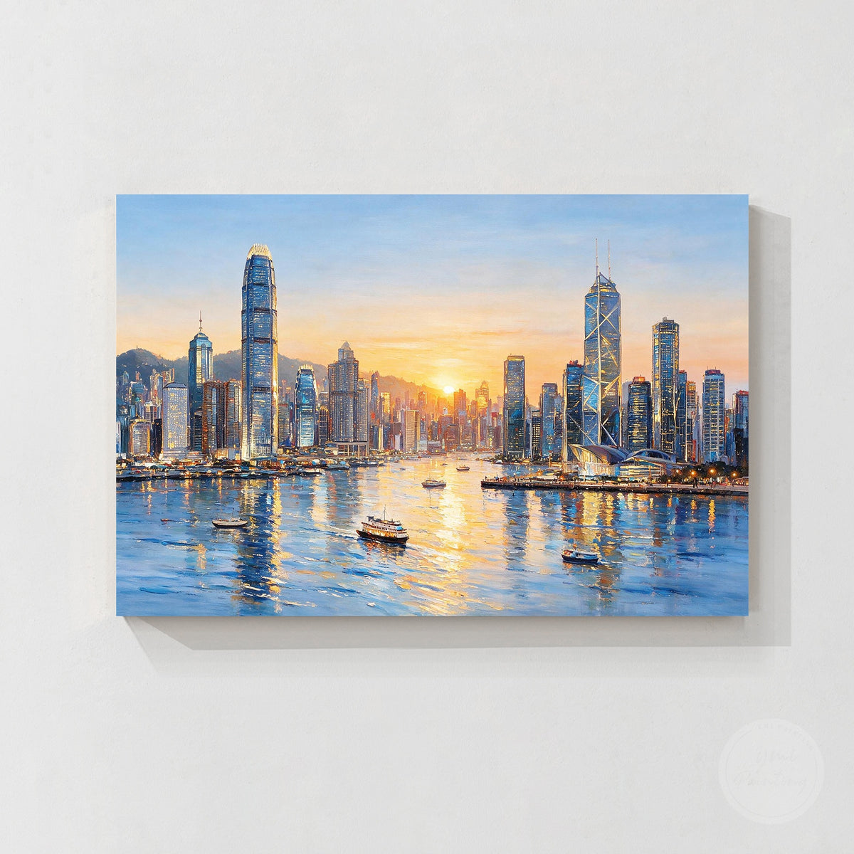 Horizontal Hong Kong skyline canvas artwork with modern architecture and coastal atmosphere