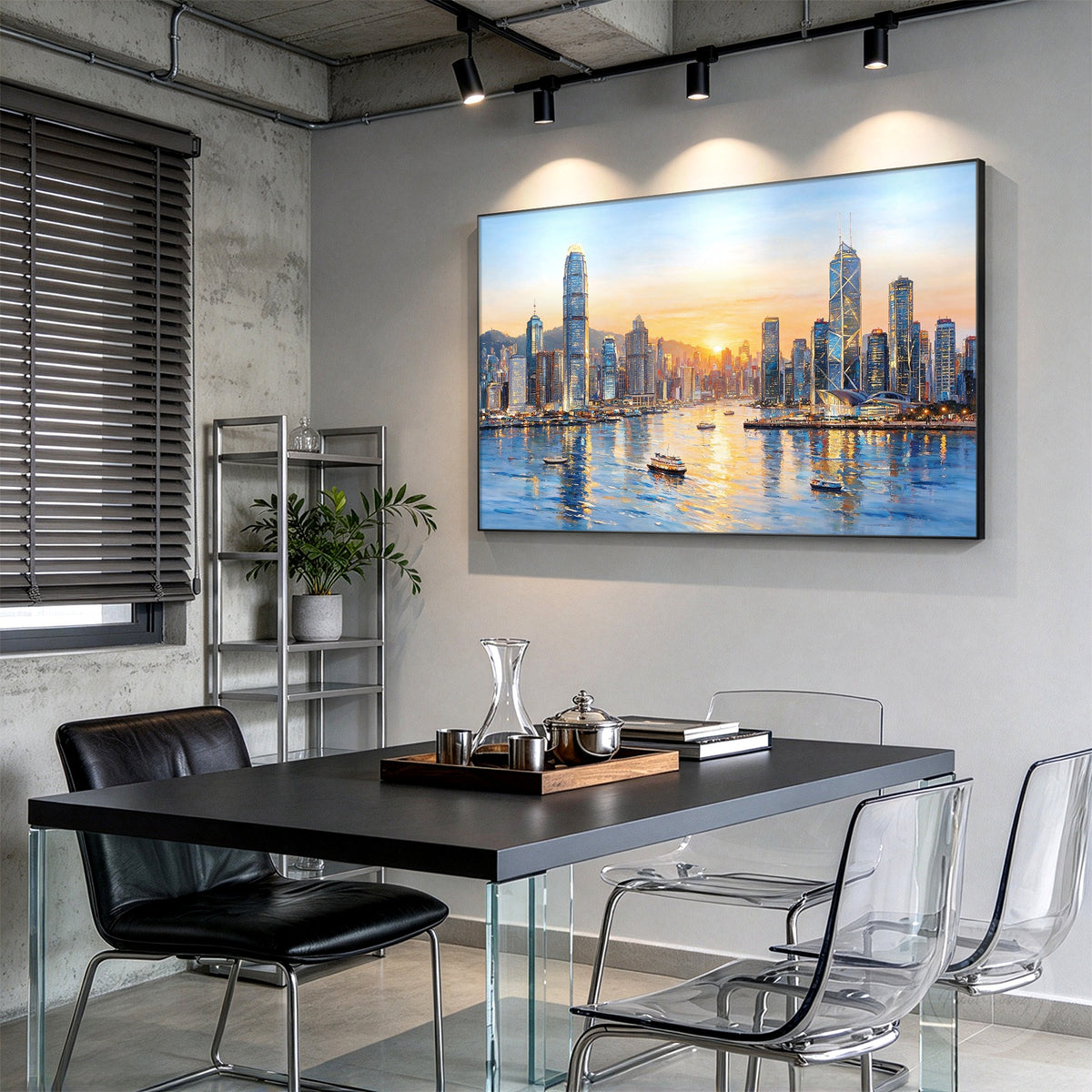 Hong Kong skyline painting with Victoria Harbour city view and warm sunset colors
