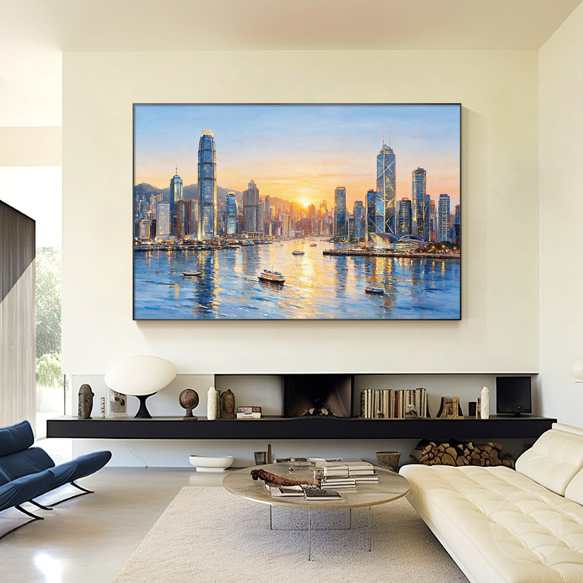 Waterfront city wall art inspired by Hong Kong skyline and sunset harbor views