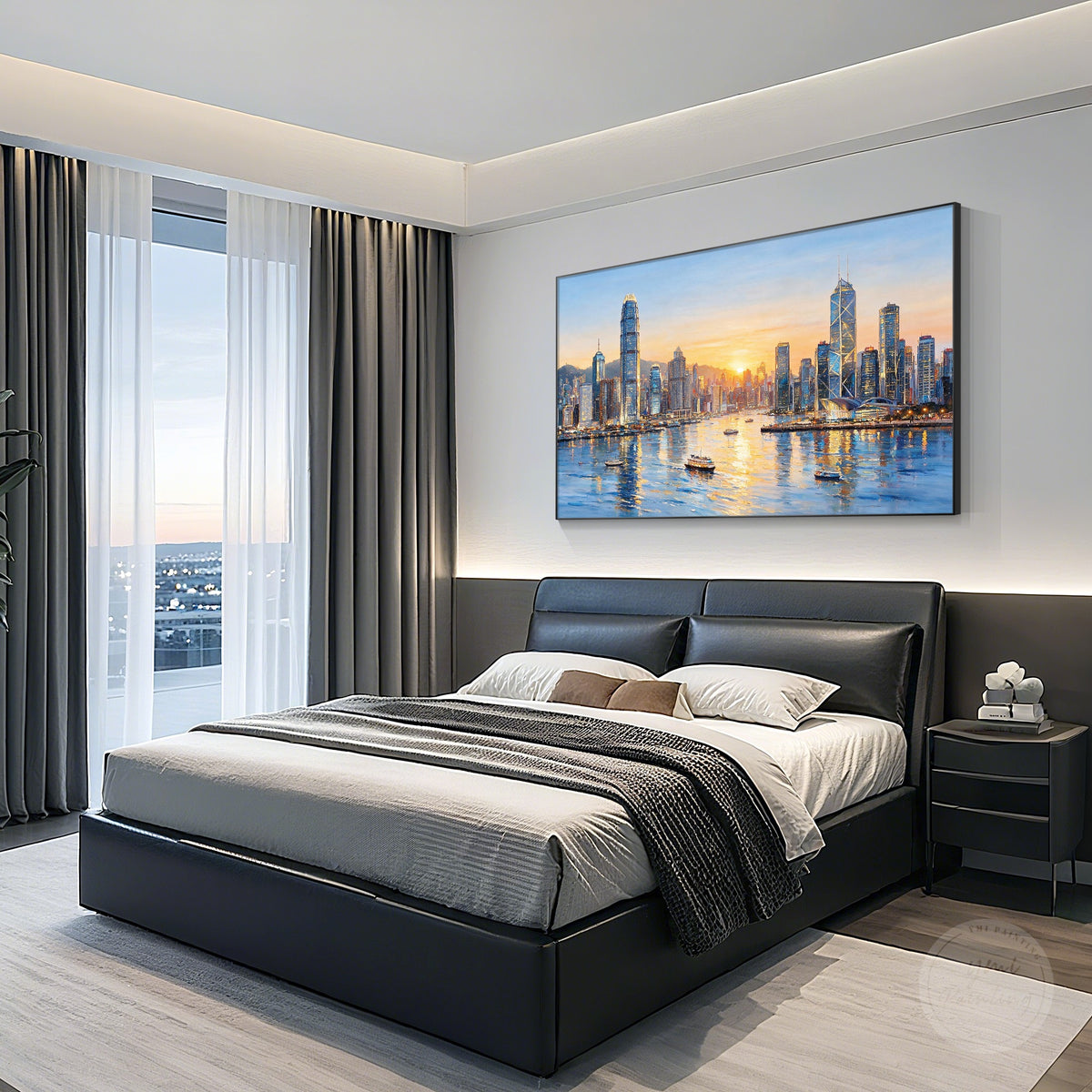 Modern cityscape wall art featuring Hong Kong skyscrapers and waterfront landscape