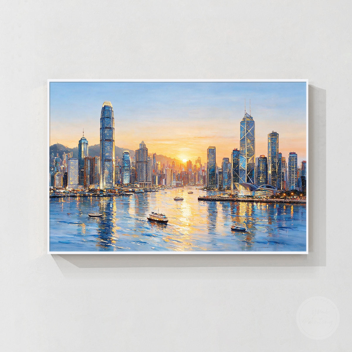 Hong Kong Victoria Harbour skyline wall art featuring skyscrapers, sunset light, and waterfront reflections