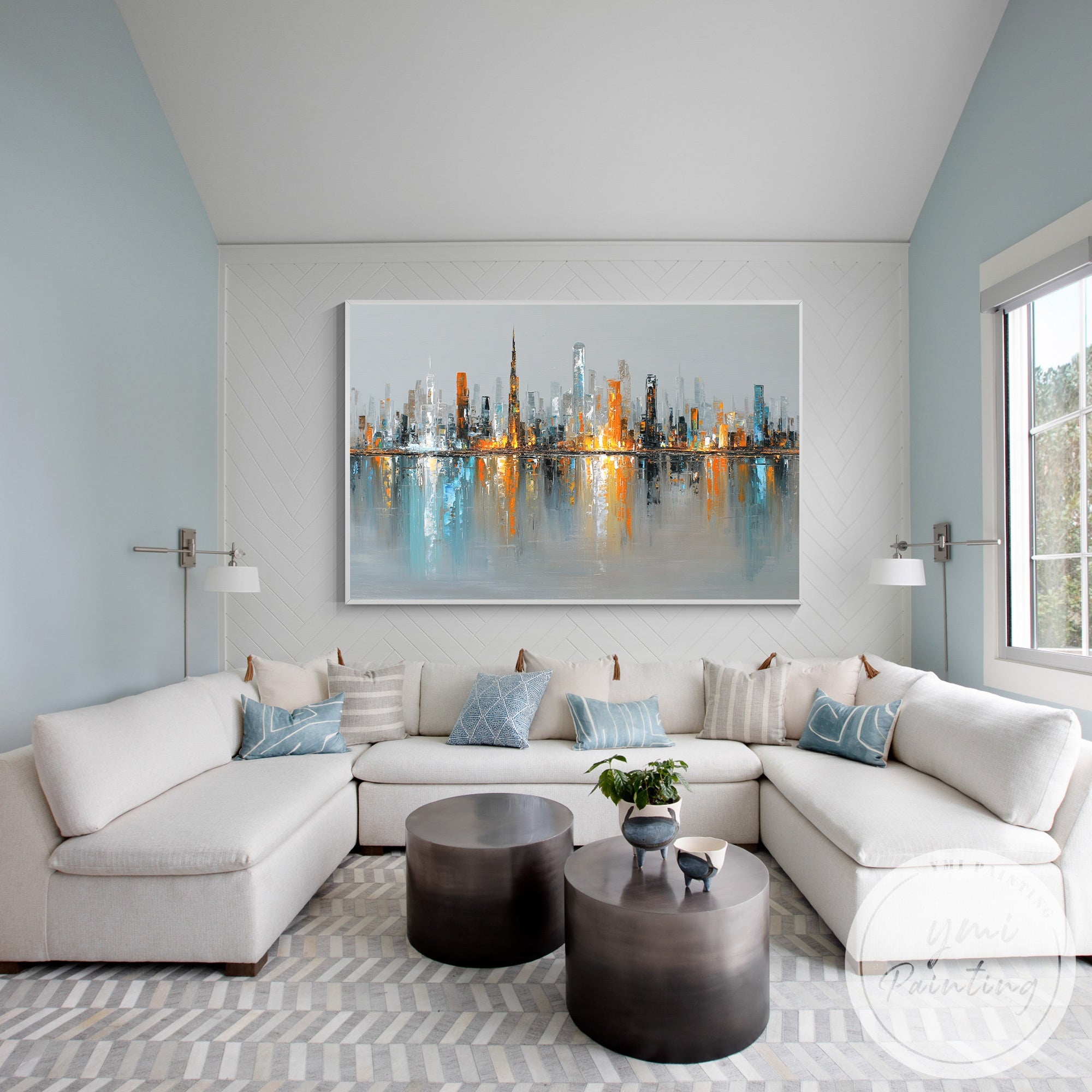 Large skyline artwork with metallic texture Dubai canvas art