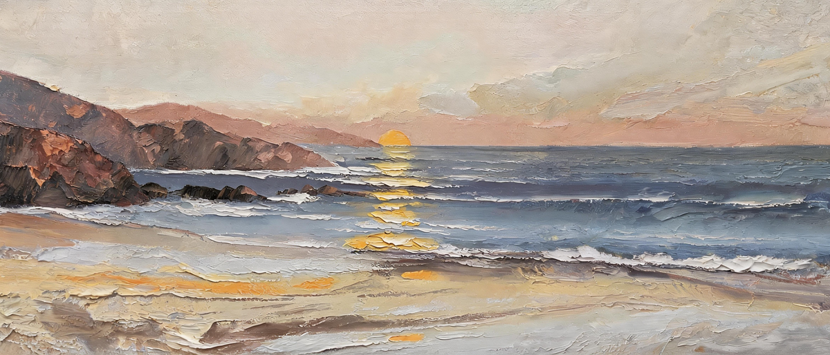 Luxury coastal wall art featuring a panoramic ocean sunset with rich textured brushwork