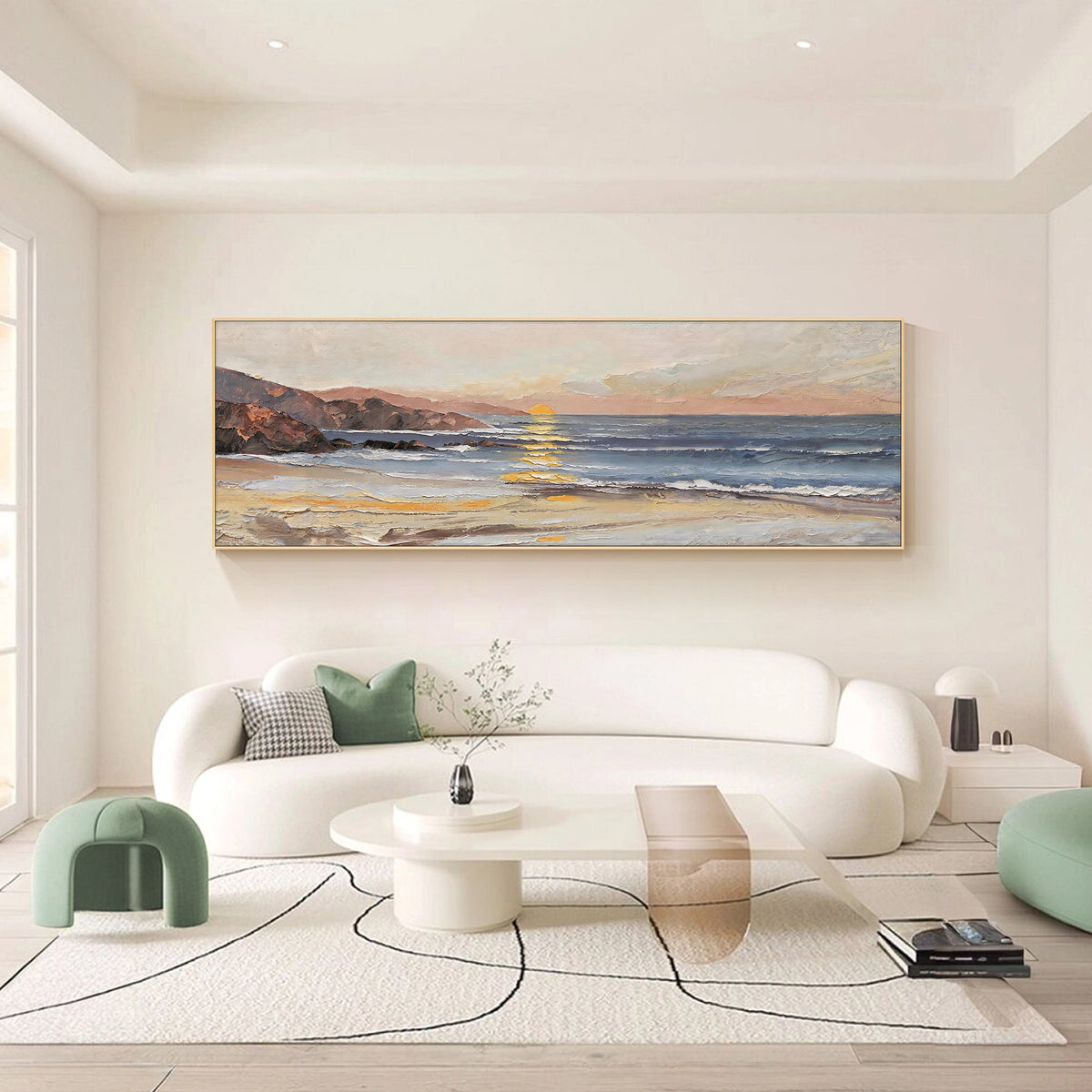 Abstract seascape canvas artwork with textured ocean waves and peaceful sunset tones