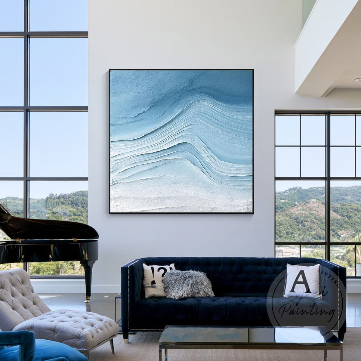 Icy blue abstract relief canvas art with layered waves