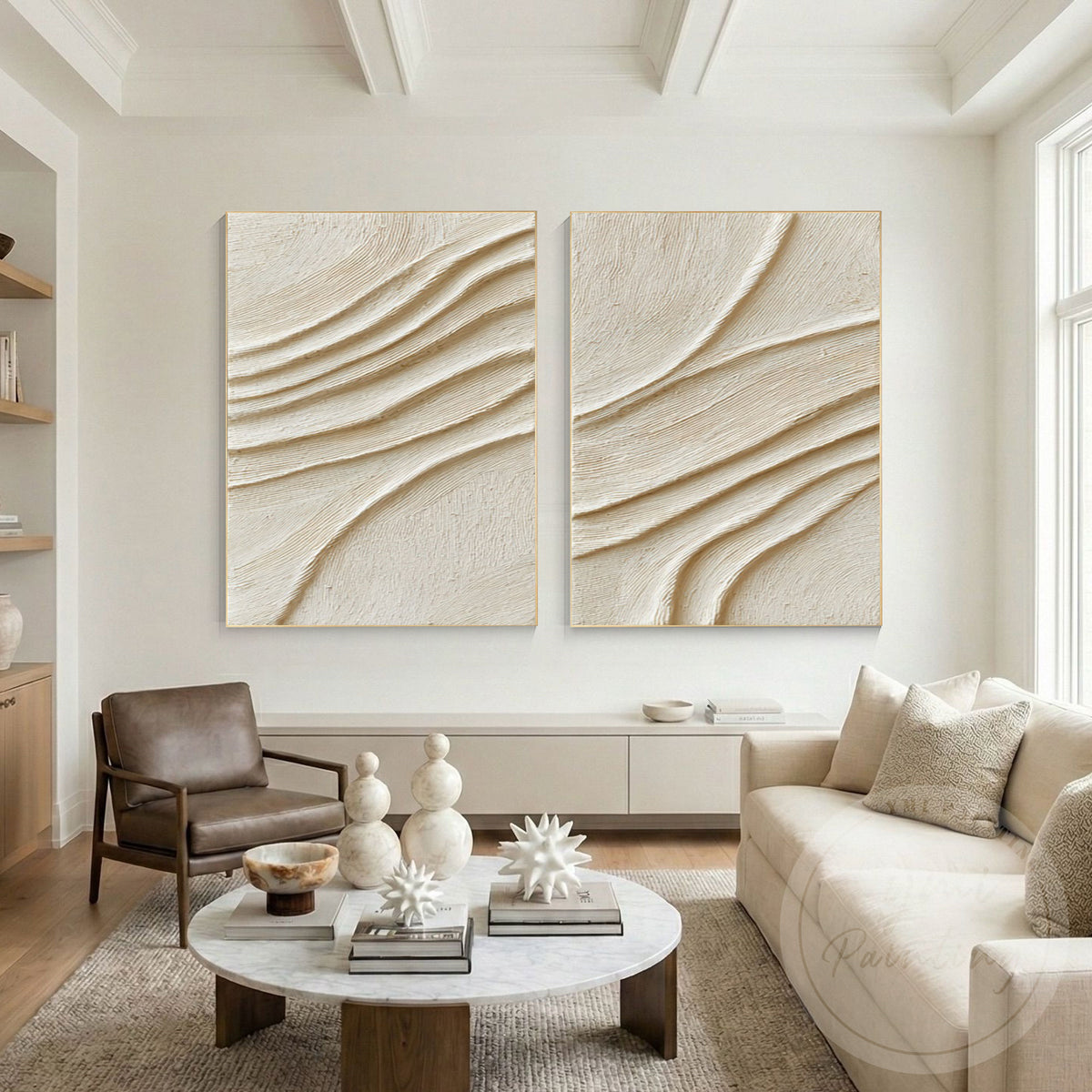Beige Japandi Wabi Sabi wall decor with plaster wave texture