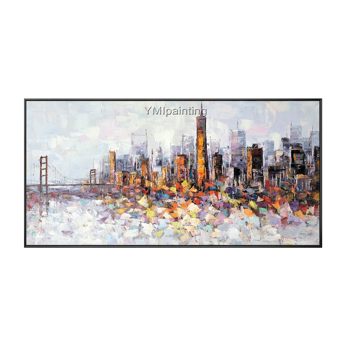 Original San Francisco skyline oil painting with palette knife texture.