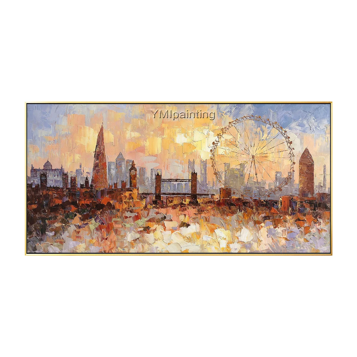 3D textured impasto painting of London city skyline on canvas.