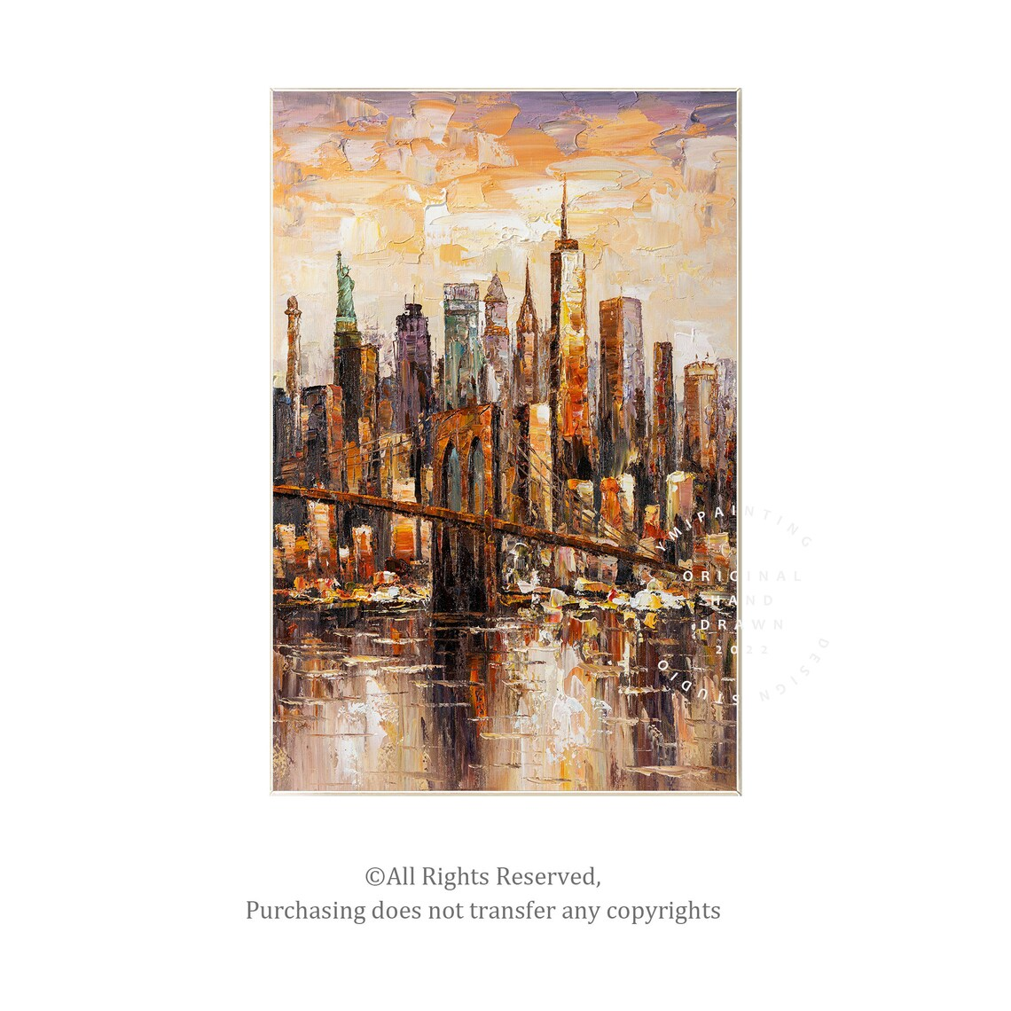 Original Brooklyn skyline oil painting with Brooklyn Bridge detail.