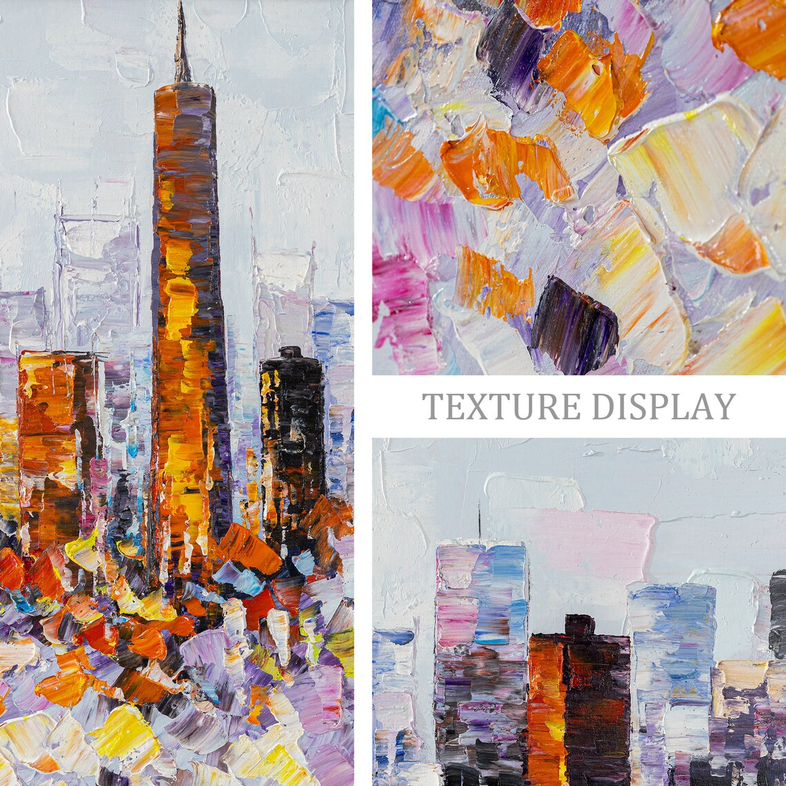 Heavy texture oil painting of San Francisco skyline with bold strokes.