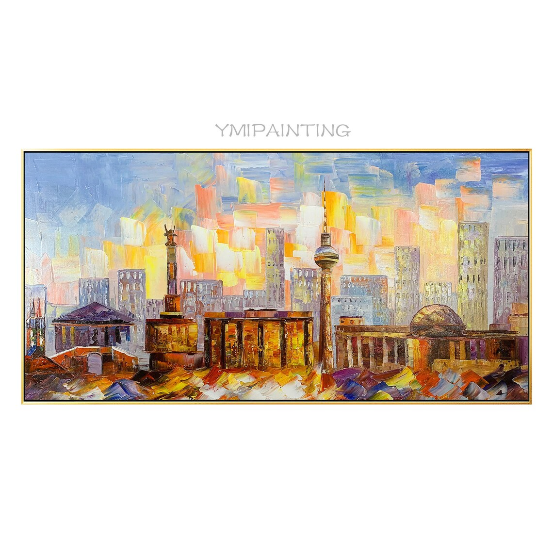 Berlin skyline oil painting with iconic landmarks and rich texture.