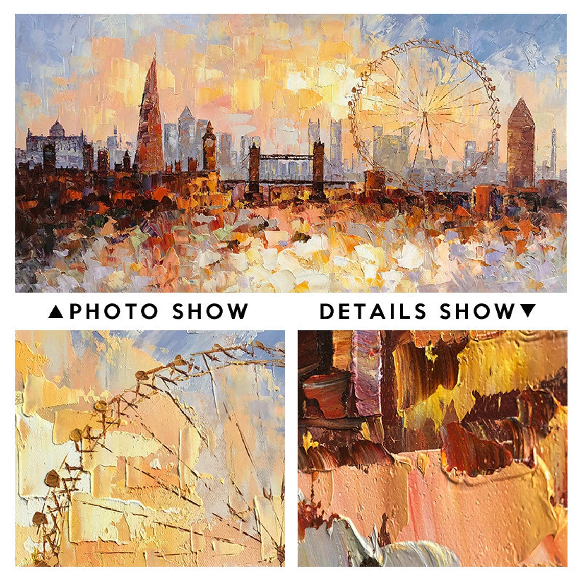 Large modern cityscape painting featuring London landmarks.